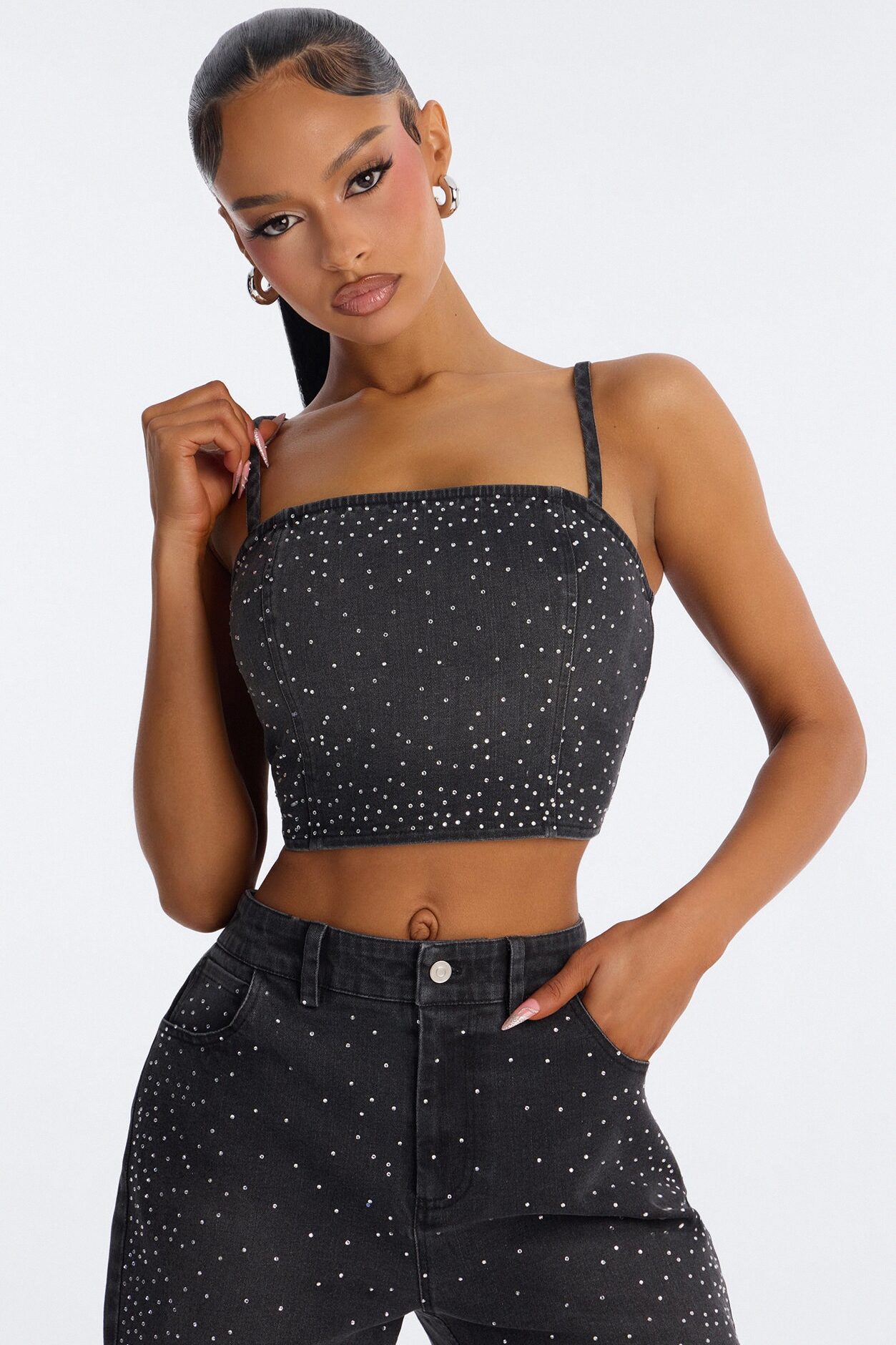 Breanna Rhinestone Denim Short Set - Black Wash