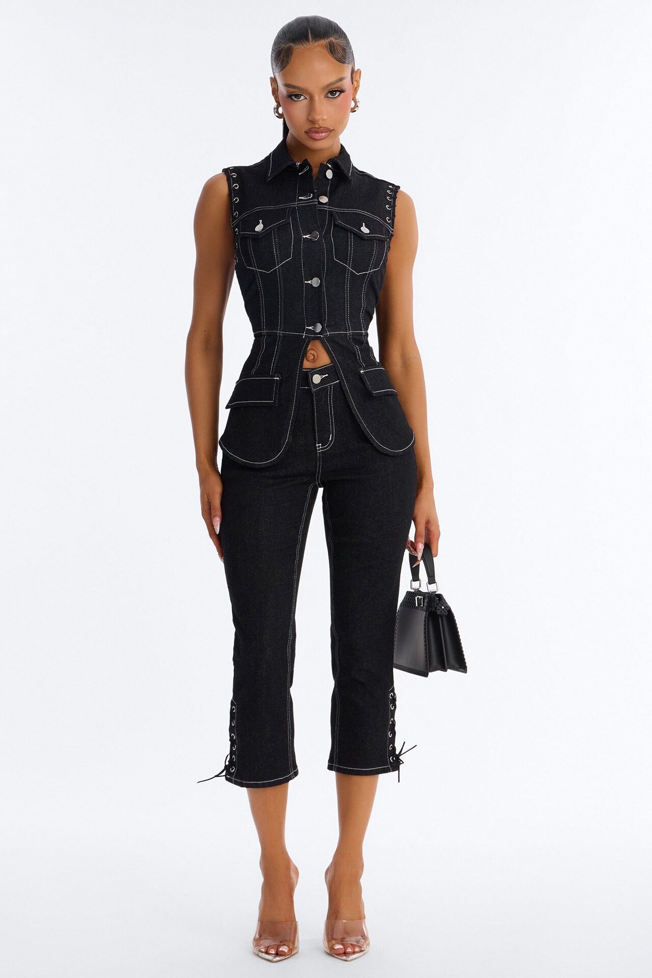 New Girl Denim Lace Up Capri Set - Dark Denim