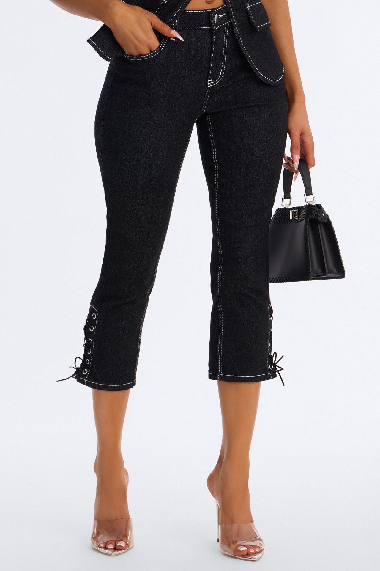 New Girl Denim Lace Up Capri Set - Dark Denim