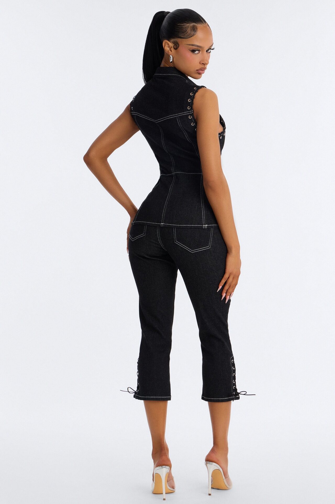 New Girl Denim Lace Up Capri Set - Dark Denim