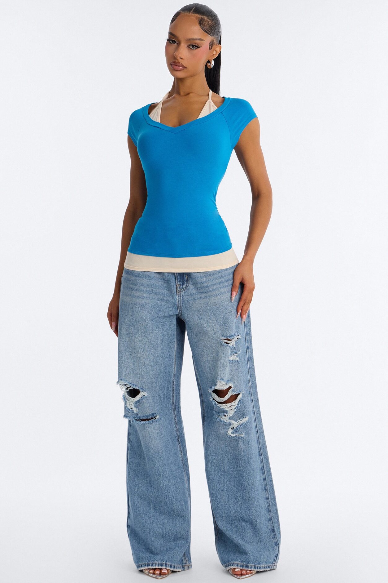 Summer Contrast Layered Short Sleeve Top - Blue/combo