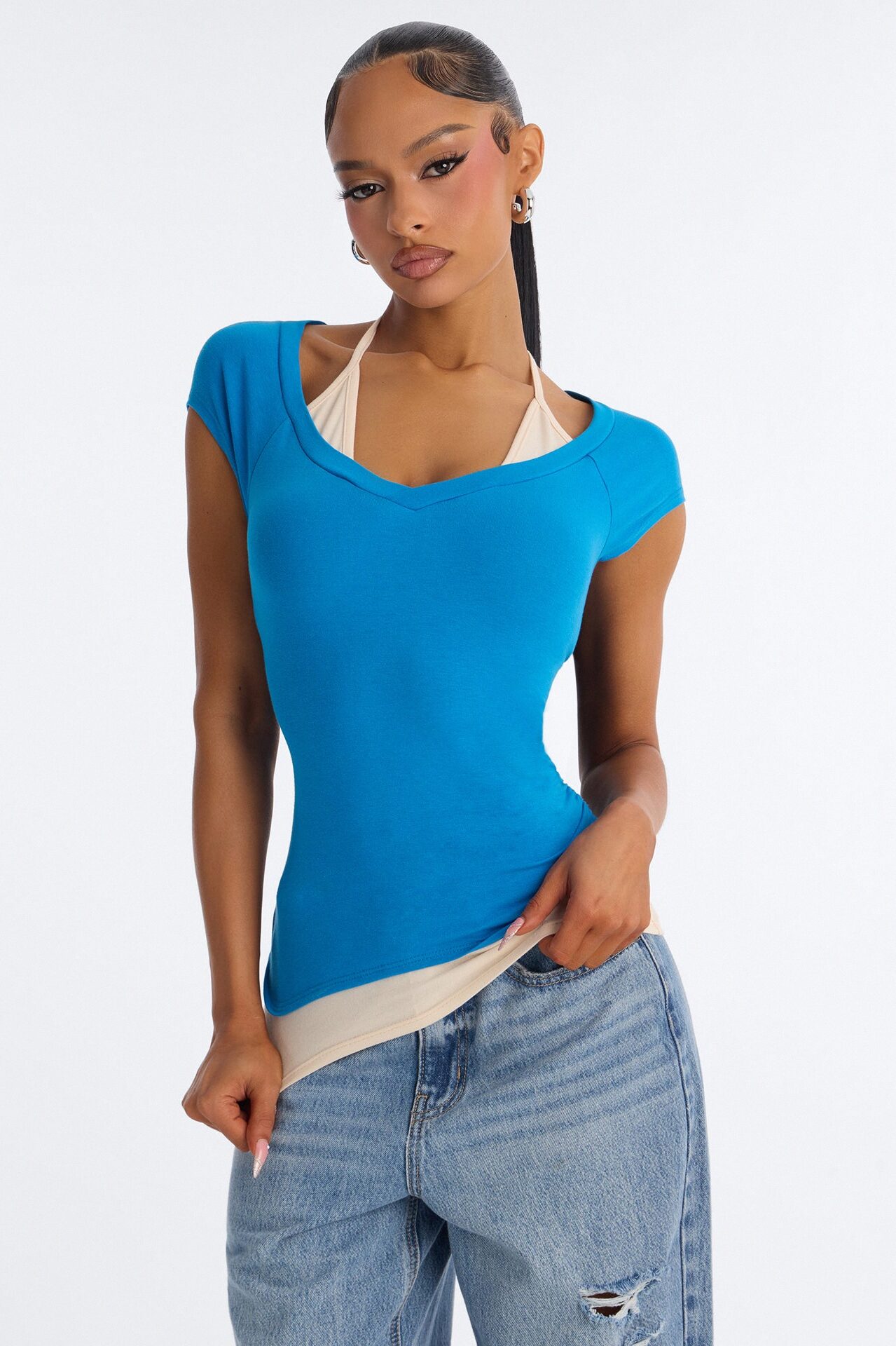 Summer Contrast Layered Short Sleeve Top - Blue/combo