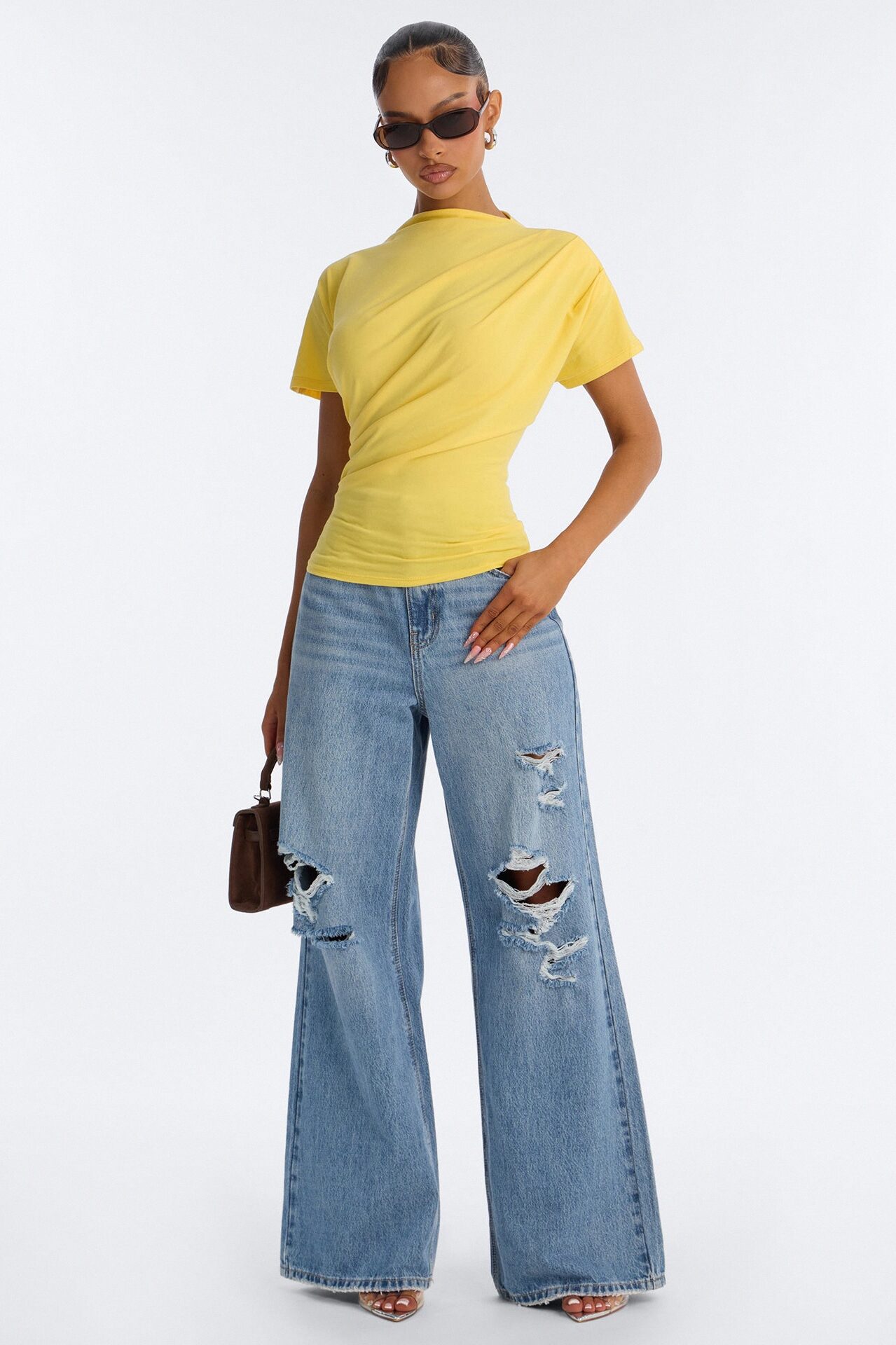 Janice Ruched Mock Neck Short Sleeve Tee - Butter Yellow