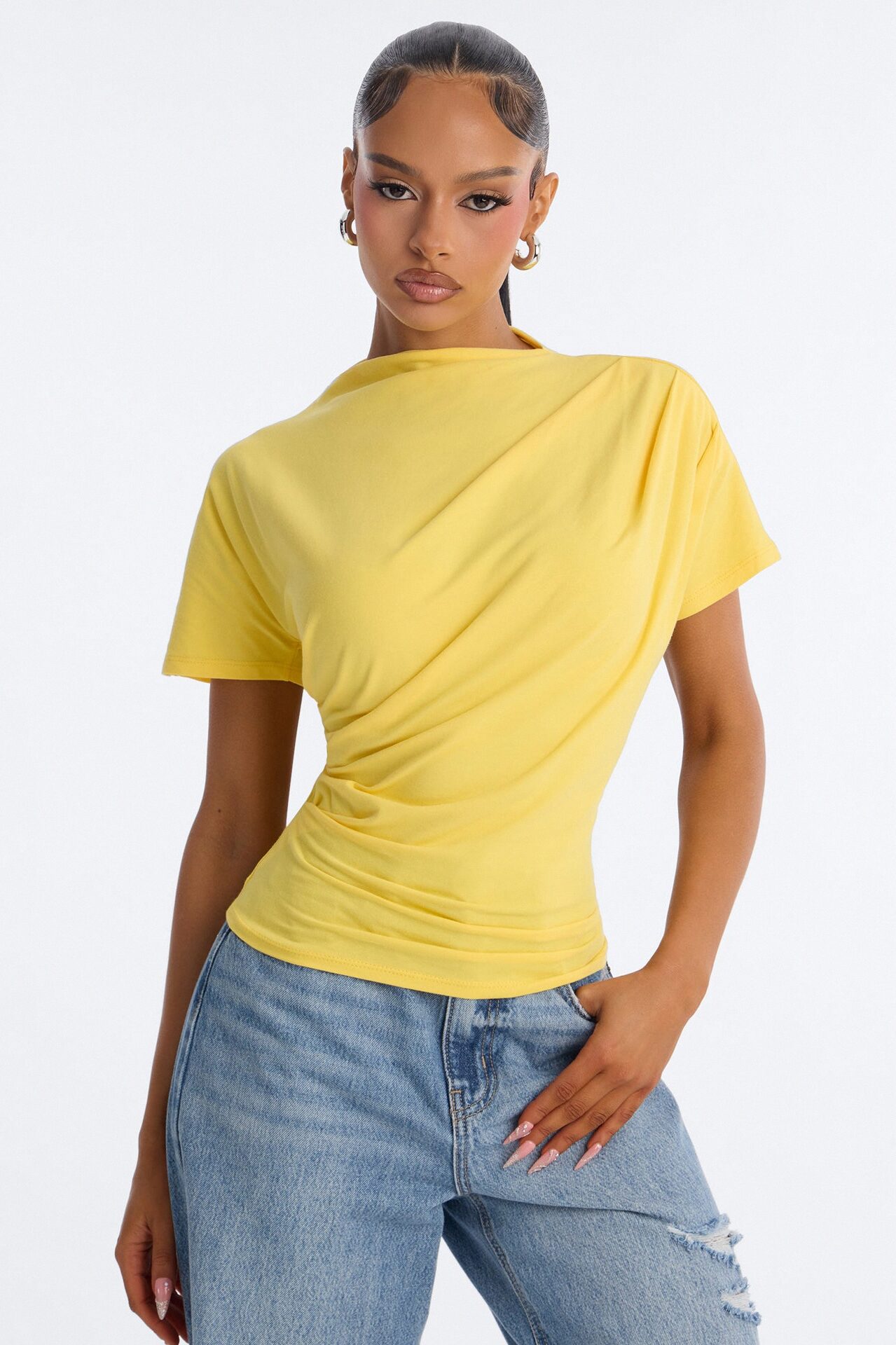 Janice Ruched Mock Neck Short Sleeve Tee - Butter Yellow