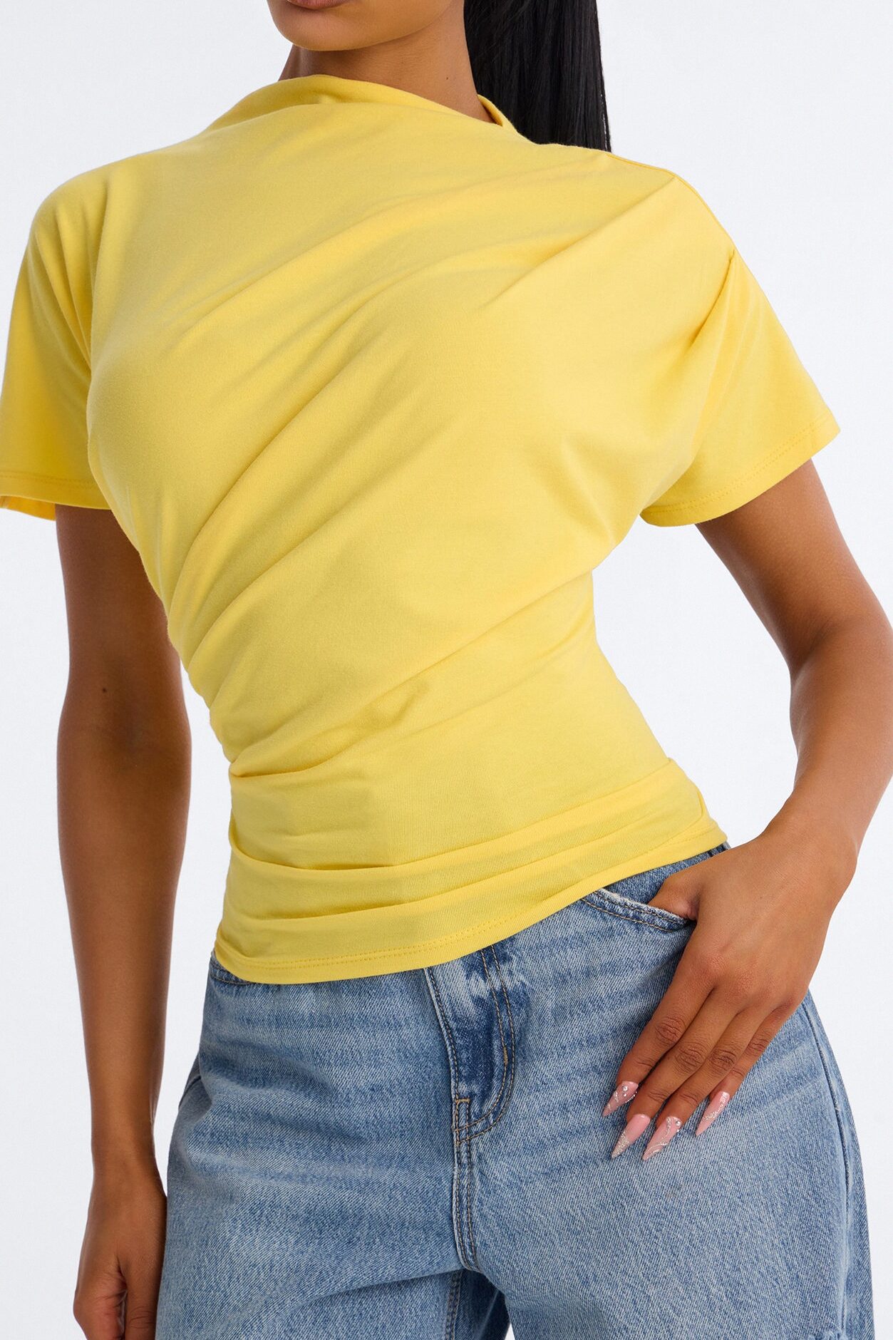 Janice Ruched Mock Neck Short Sleeve Tee - Butter Yellow