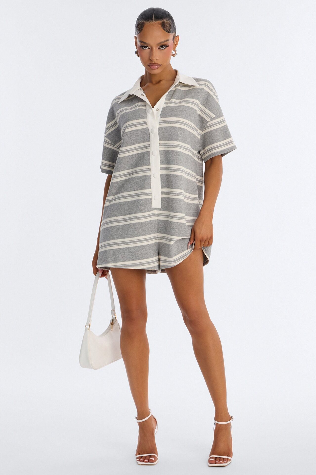 Kyla Striped Short Sleeve Polo Romper - Grey