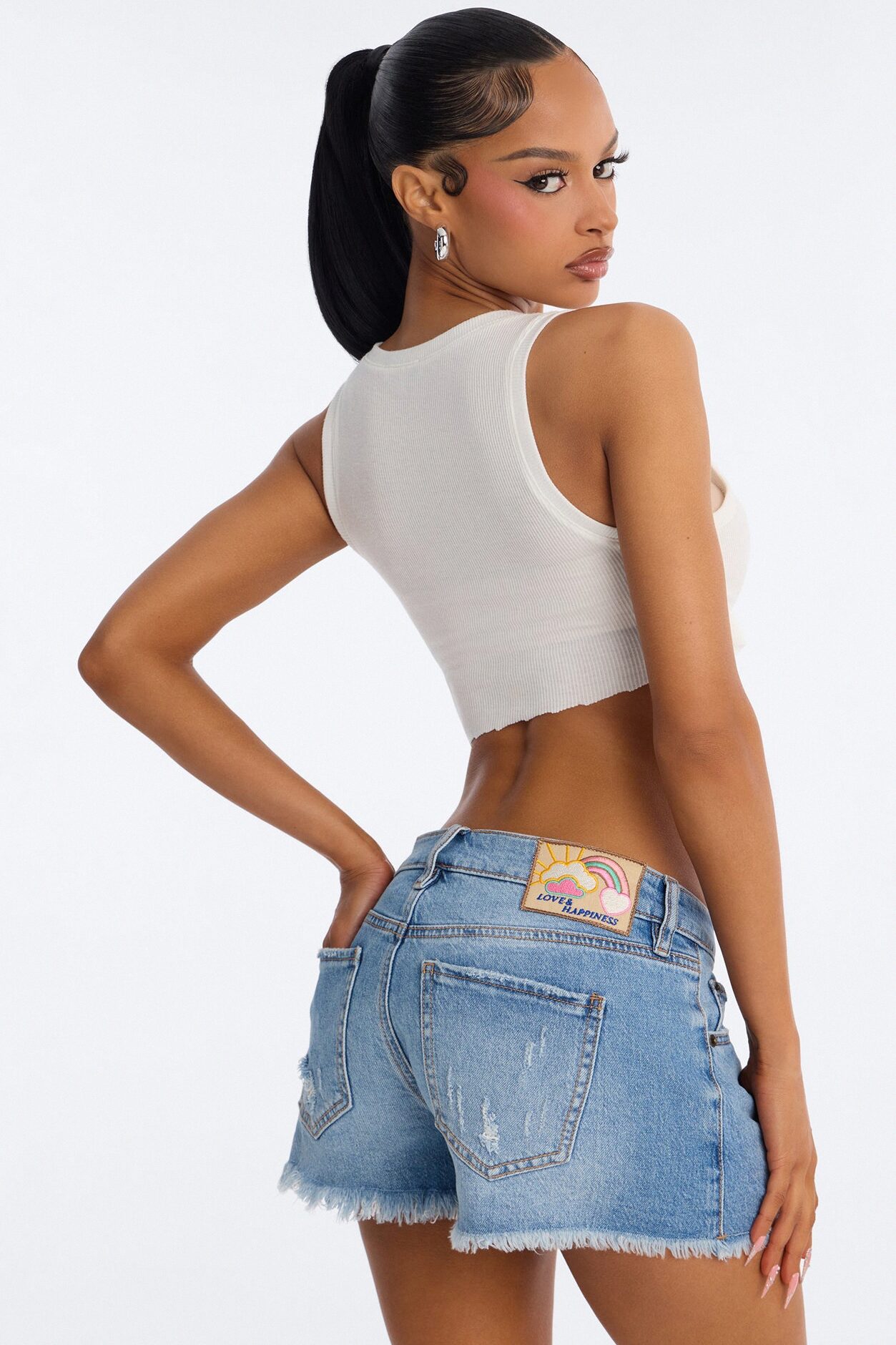 Love & Happiness Back Patch Cut Off Denim Shorts - Medium Wash