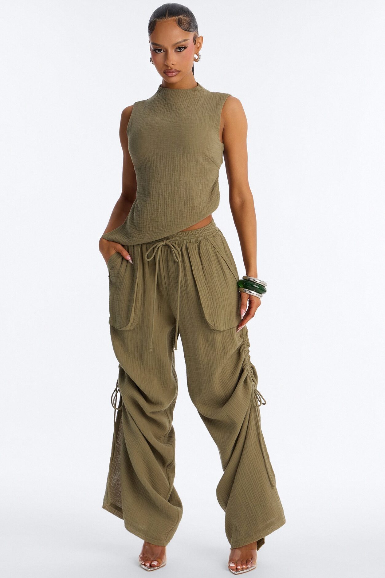 Hayden Backless Gauze Pant Set - Olive