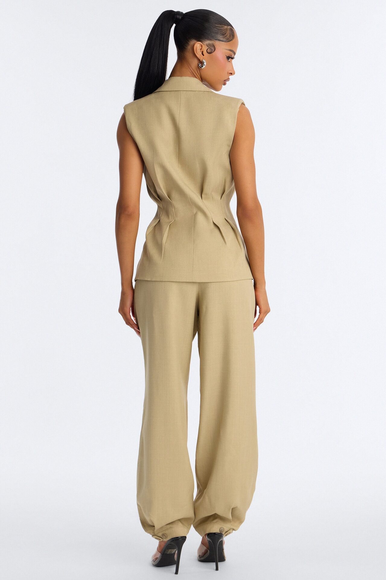 Christina Button Cuff Pleated Straight Leg Trouser - Sage