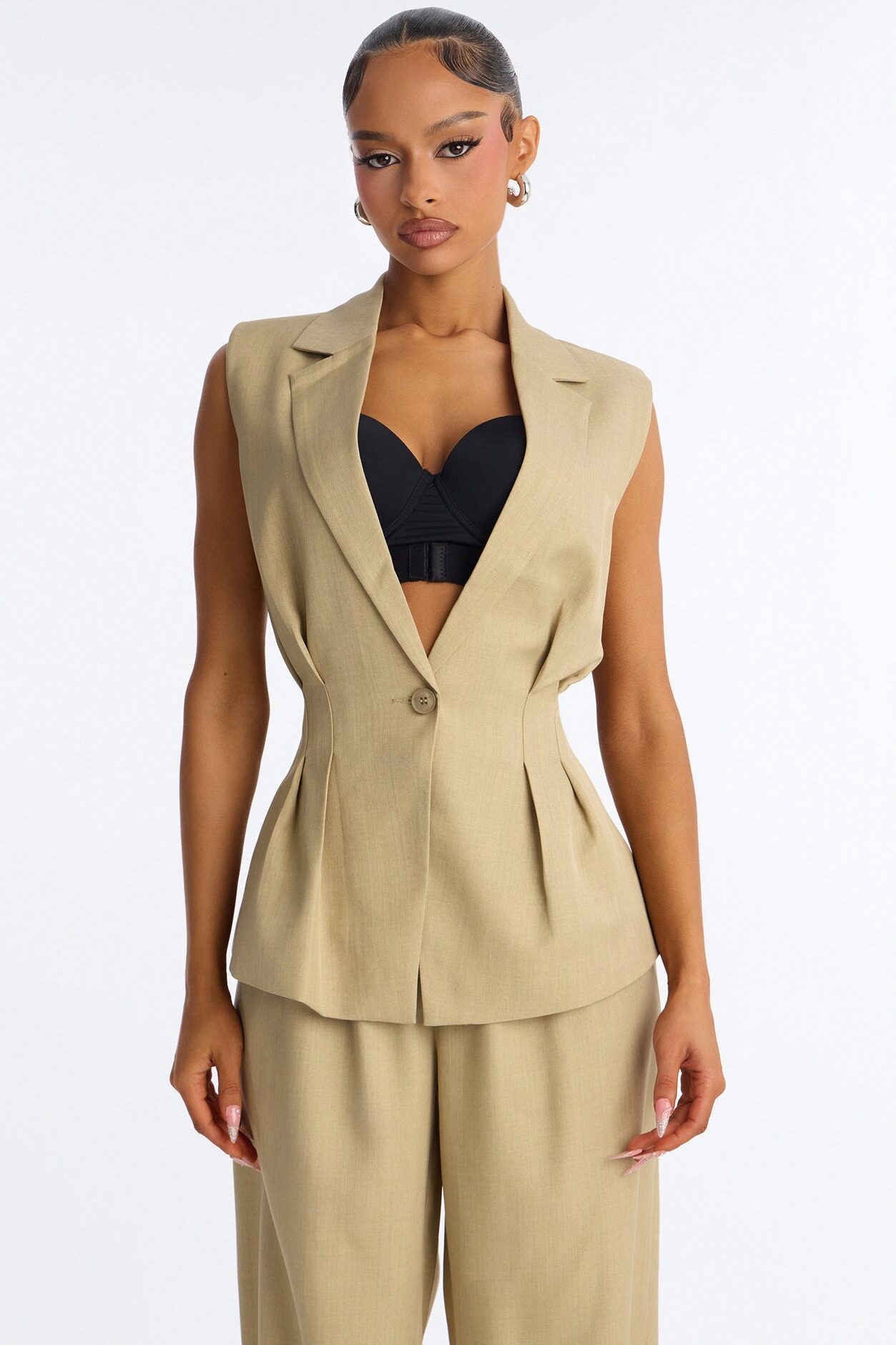 Christina Cinched Waist Pleated Blazer Vest - Sage