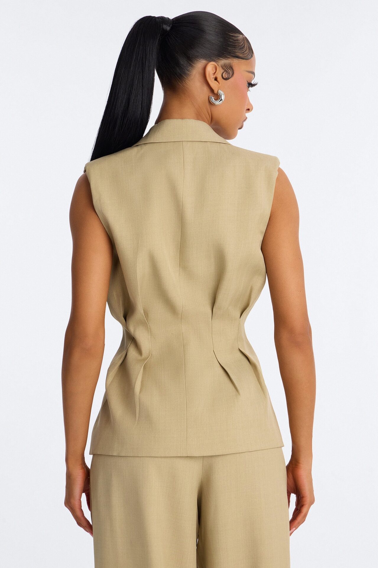 Christina Cinched Waist Pleated Blazer Vest - Sage