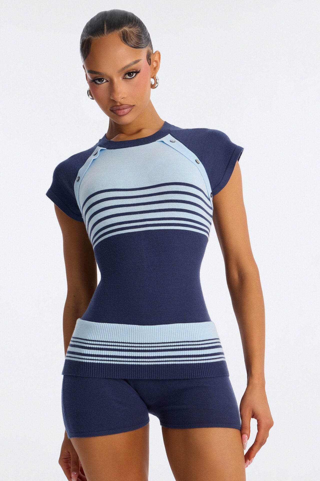 Elle Short Sleeve Striped Romper - Blue
