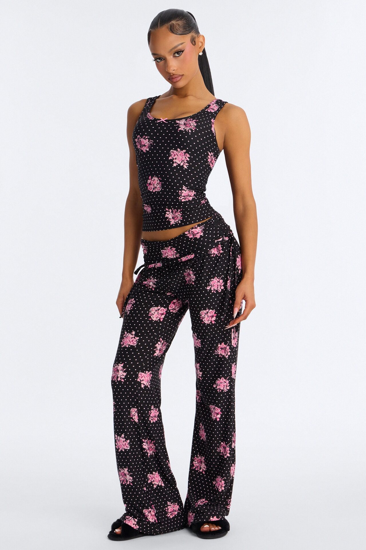 Petty Dreams Tank PJ Foldover Pant Set - Black/Pink