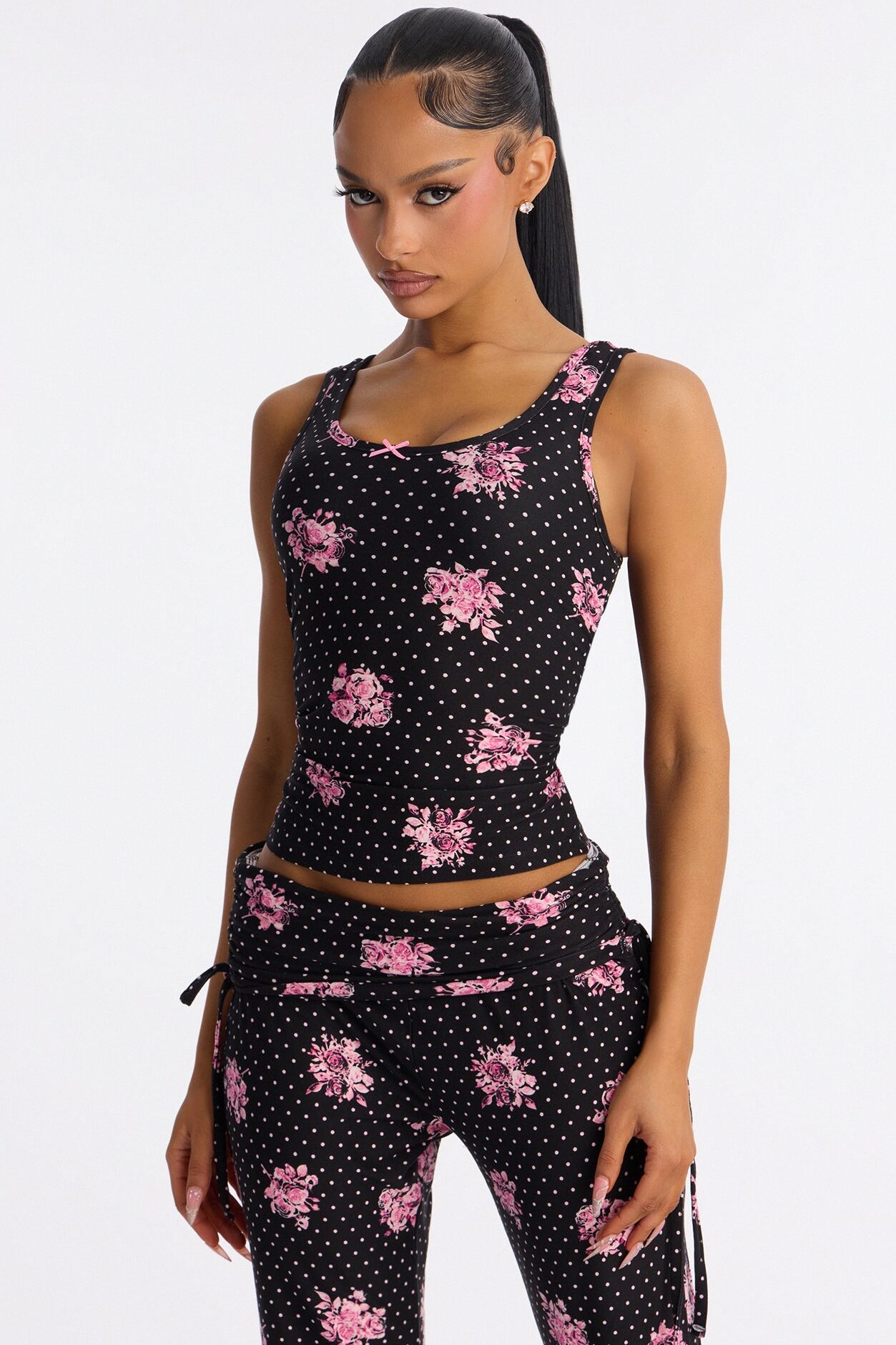 Petty Dreams Tank PJ Foldover Pant Set - Black/Pink