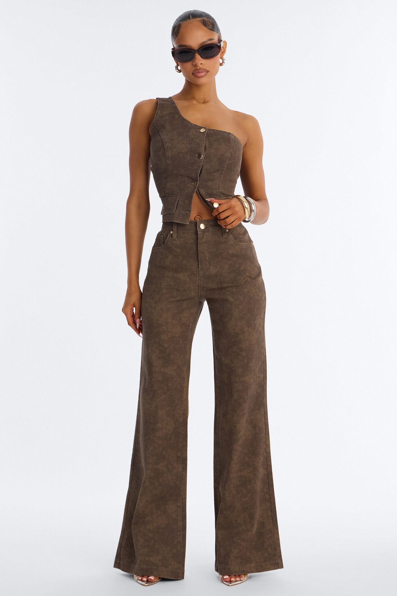 Nazari Denim Washed Flare Pant Set - Brown