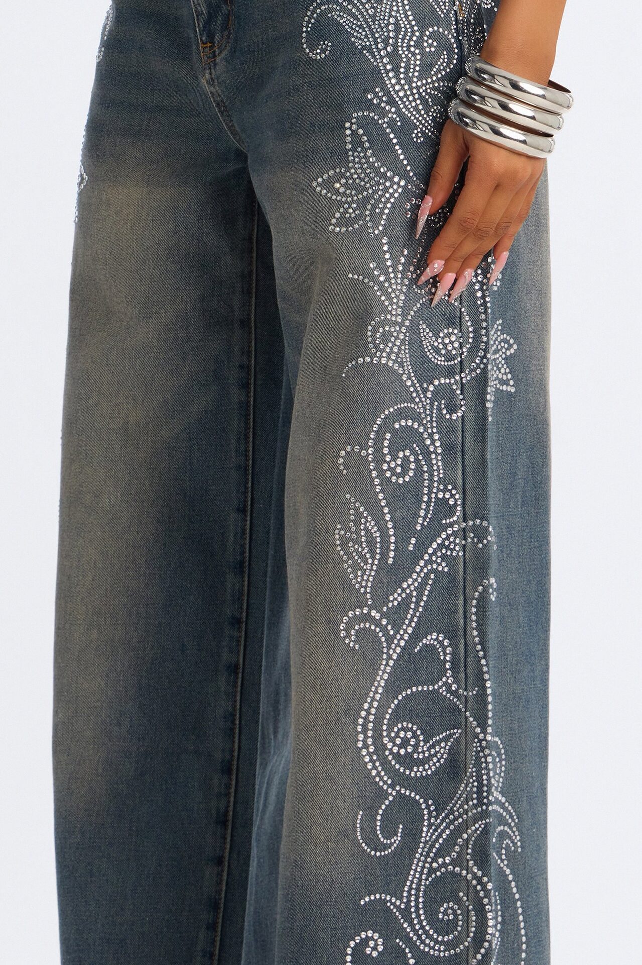 Trinity Denim Rhinestone Pant Set - Acid Wash Denim