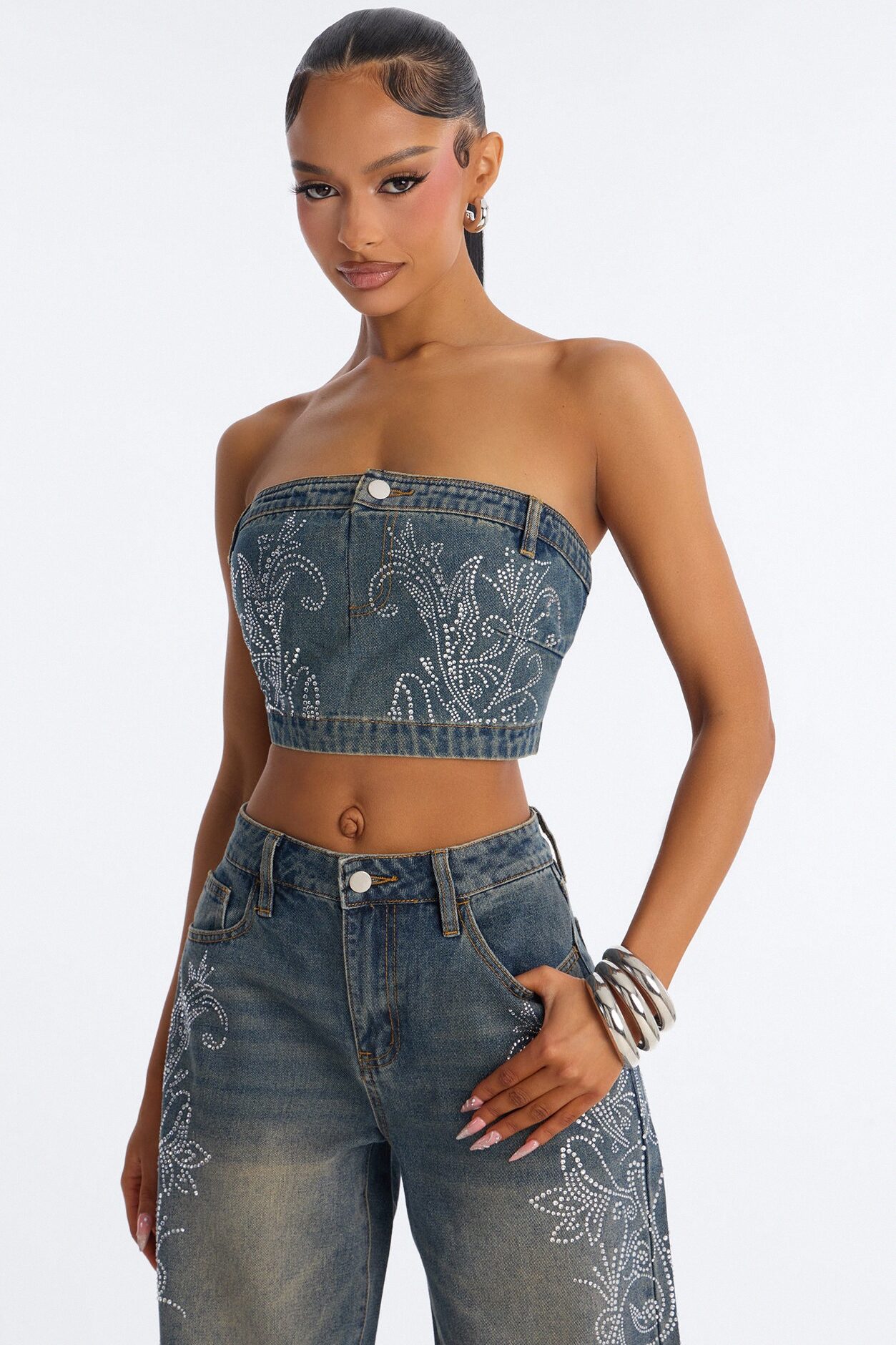 Trinity Denim Rhinestone Pant Set - Acid Wash Denim