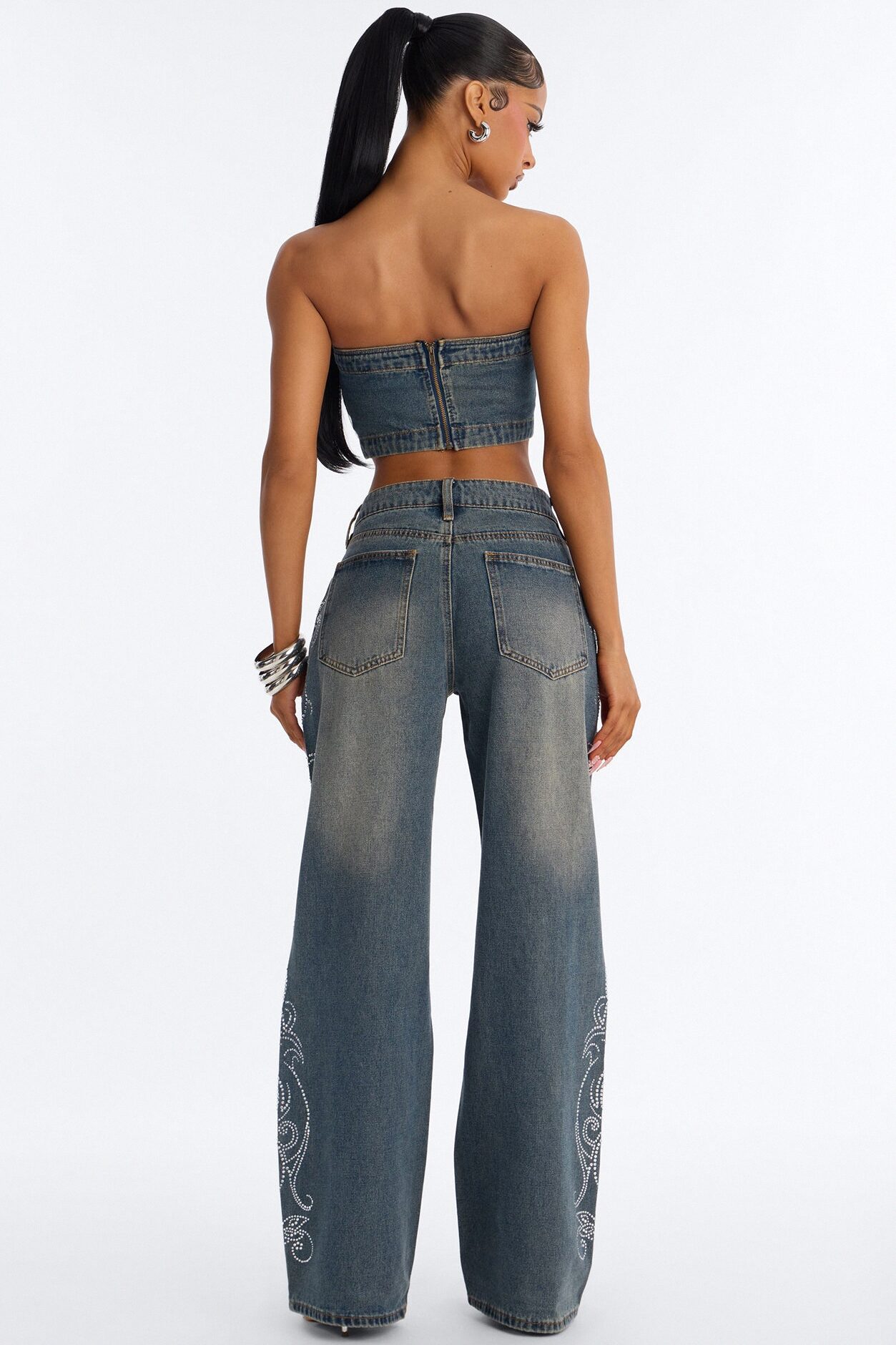 Trinity Denim Rhinestone Pant Set - Acid Wash Denim