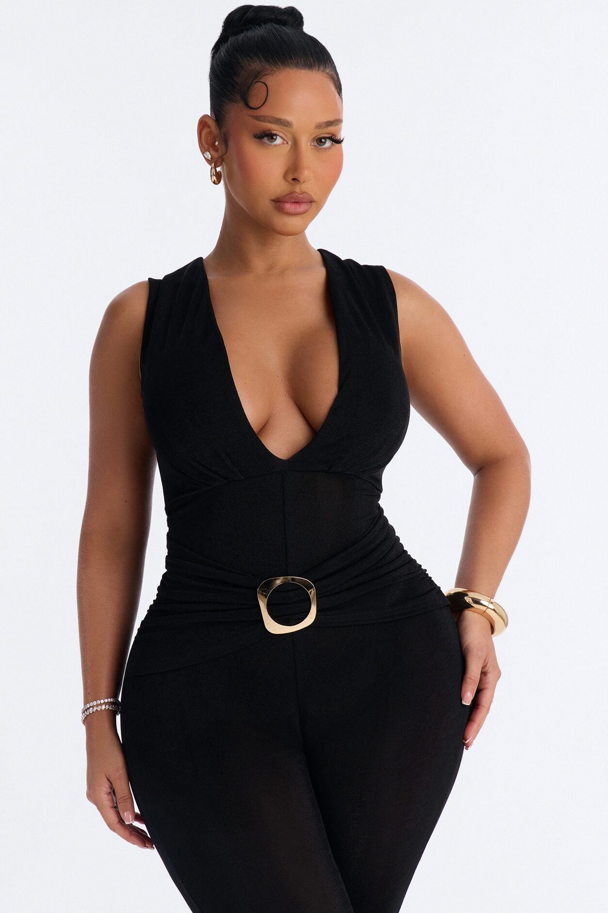 Serena Plunge Sleeveless Catsuit - Black