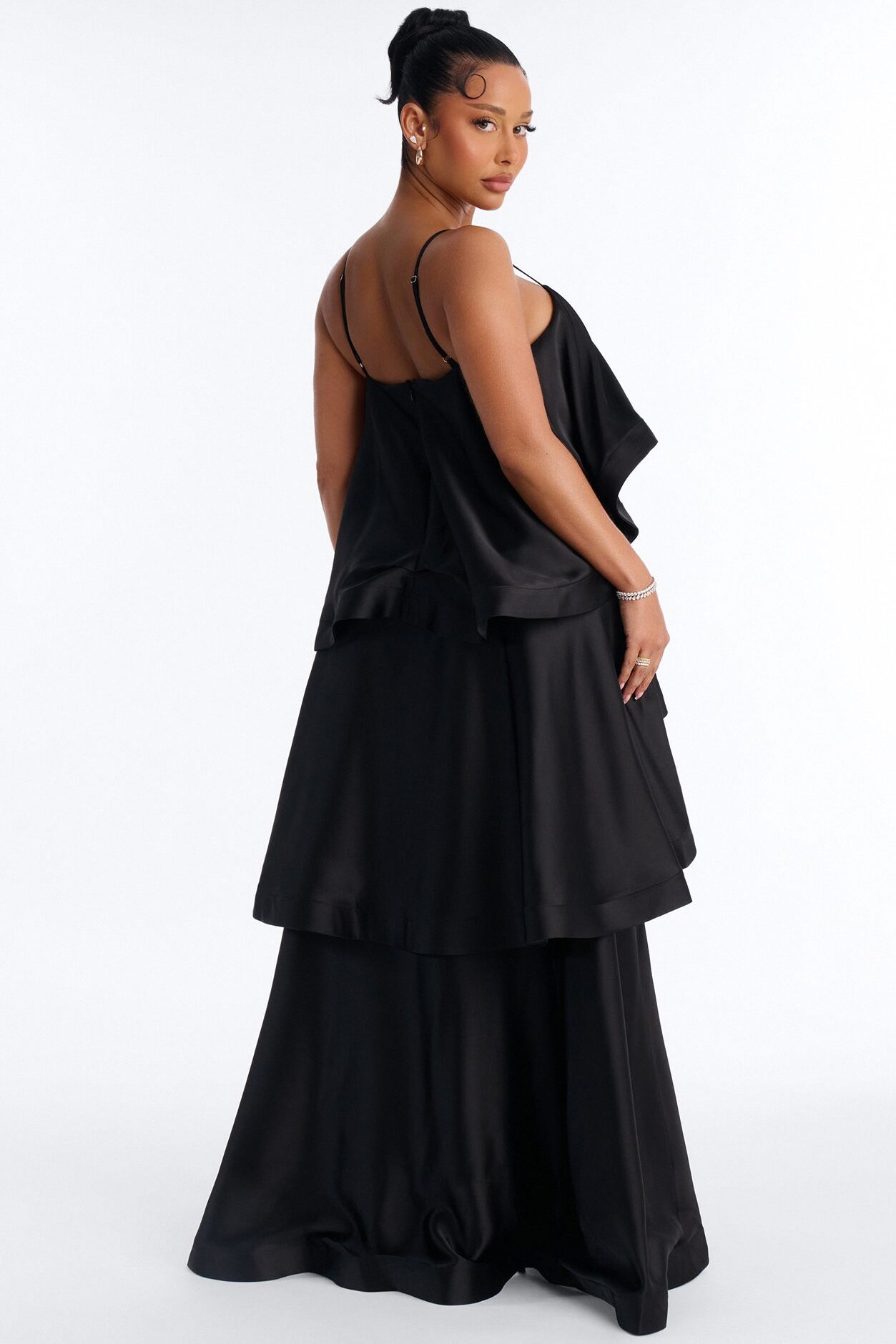 Rowen Tiered Satin Gown - Black