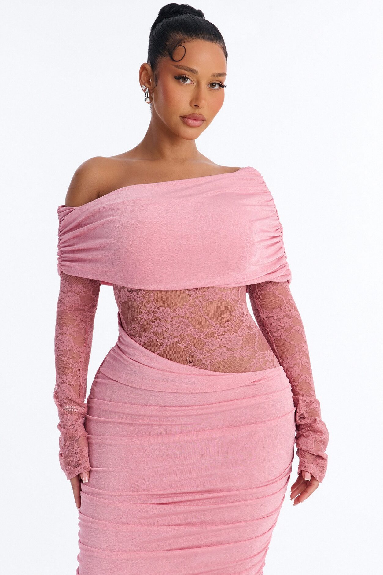 Nadia Lace Slinky Midi Dress - Mauve