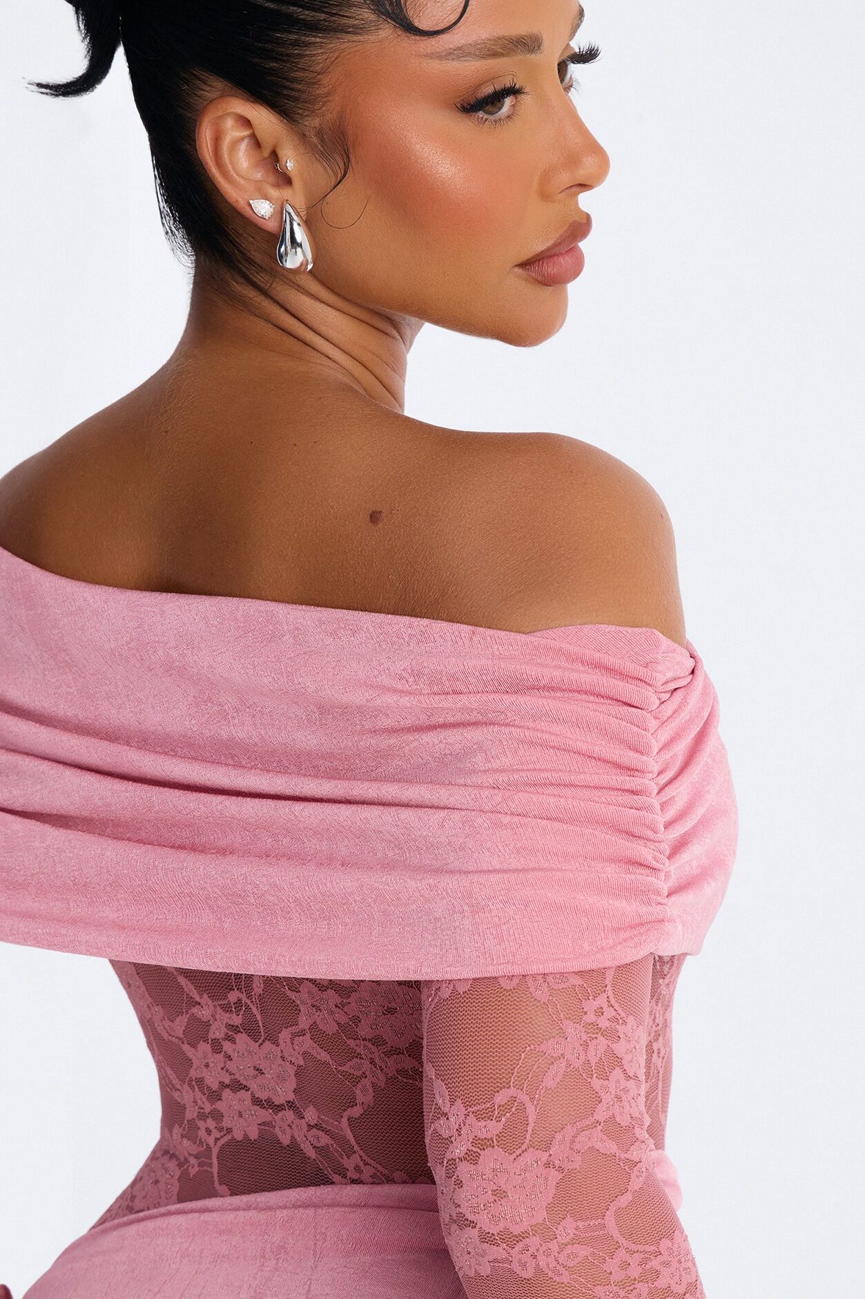 Nadia Lace Slinky Midi Dress - Mauve
