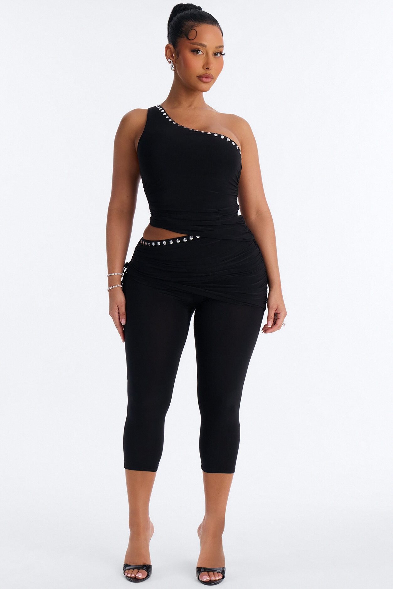 Jade One Shoulder Studded Capri Set - Black