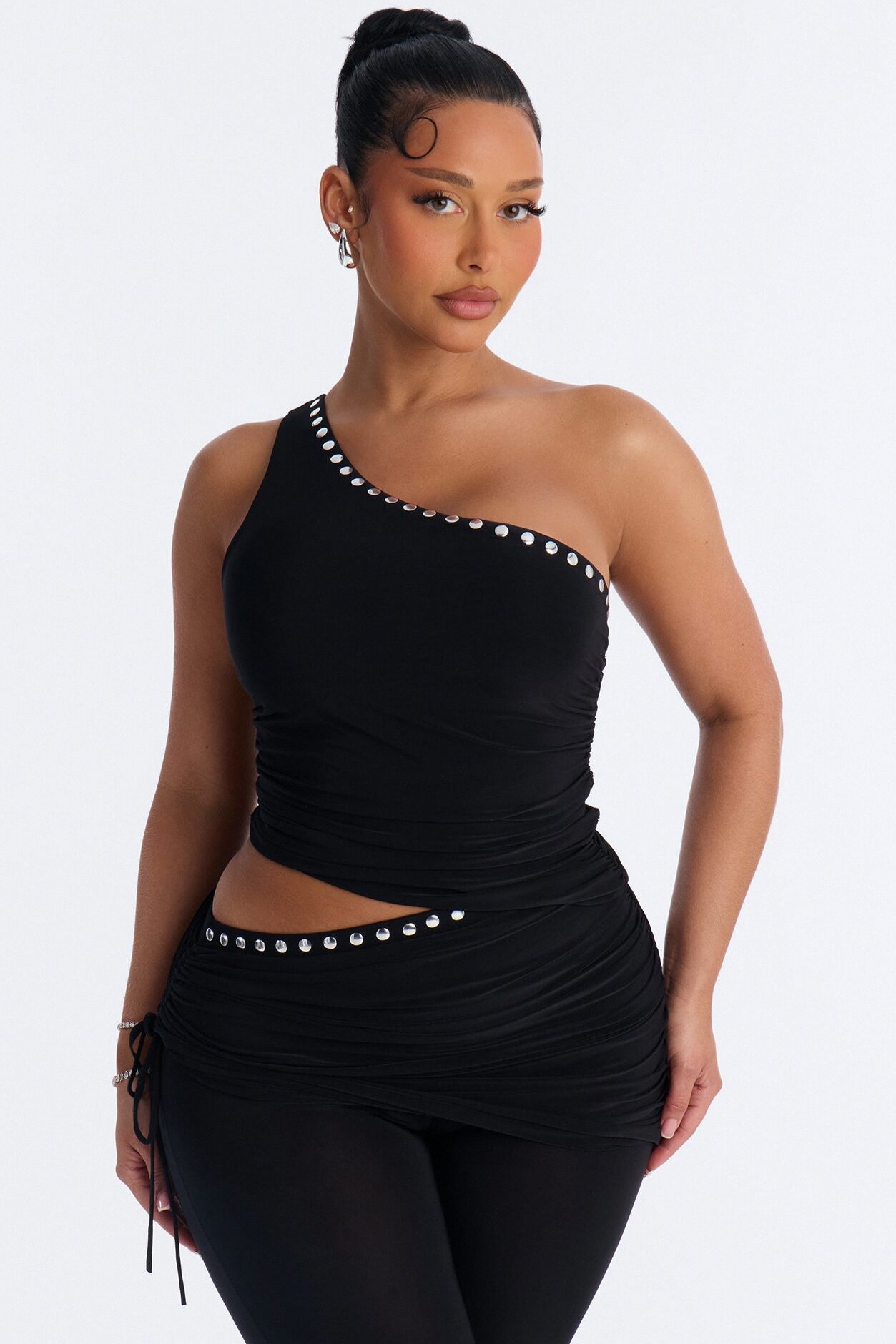 Jade One Shoulder Studded Capri Set - Black