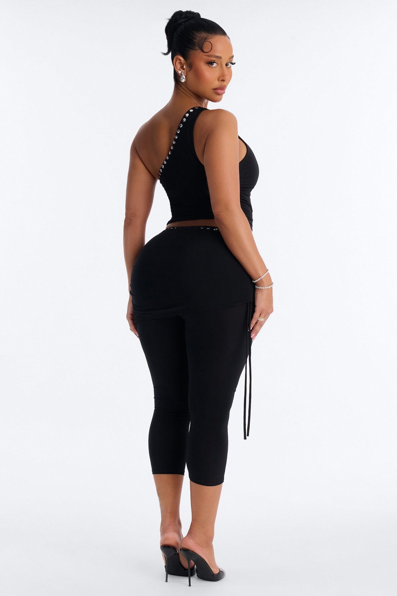 Jade One Shoulder Studded Capri Set - Black