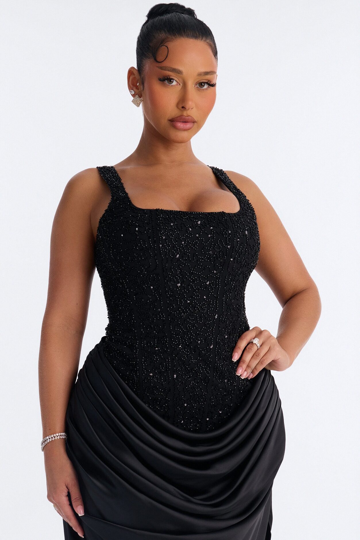 Kylee Embellished Draped Maxi Dress - Black