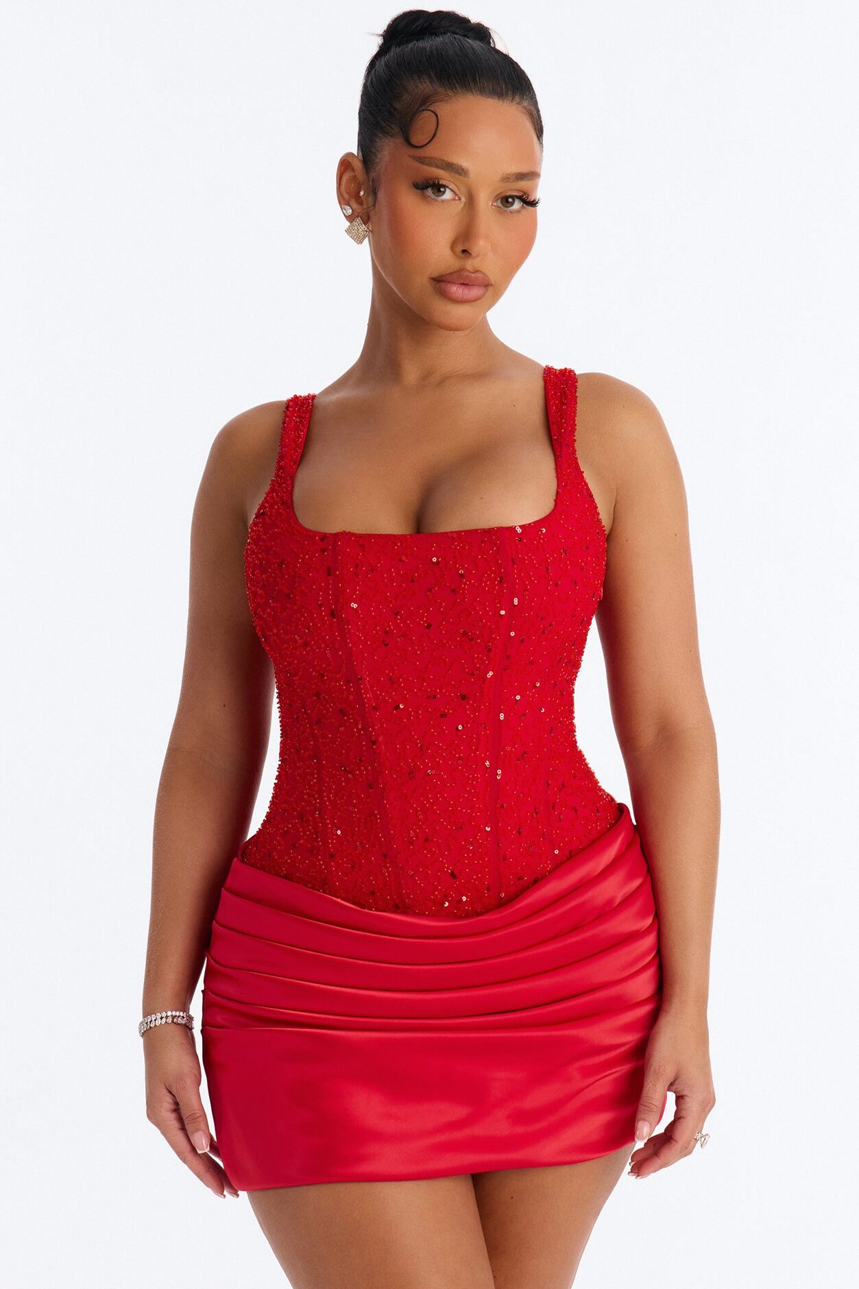 Kylee Embellished Draped Mini Dress - Red
