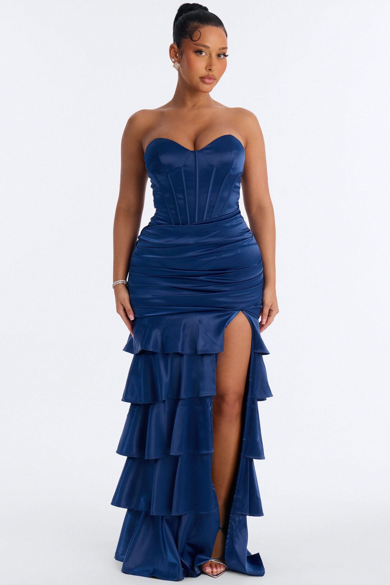 Bold Glamour Ruffle Satin Gown - Navy