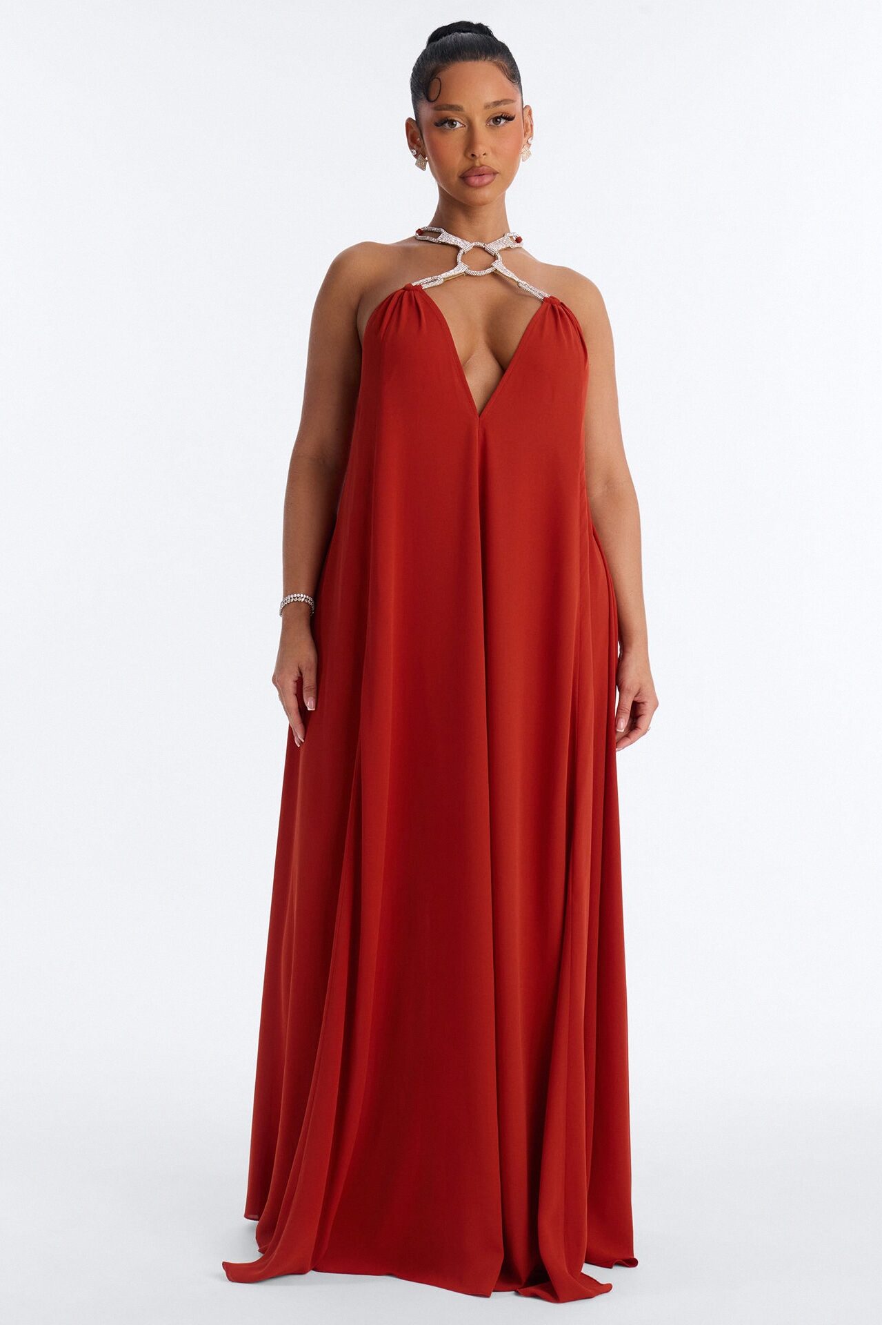 Amara Flowy Chiffon Maxi Dress - Rust