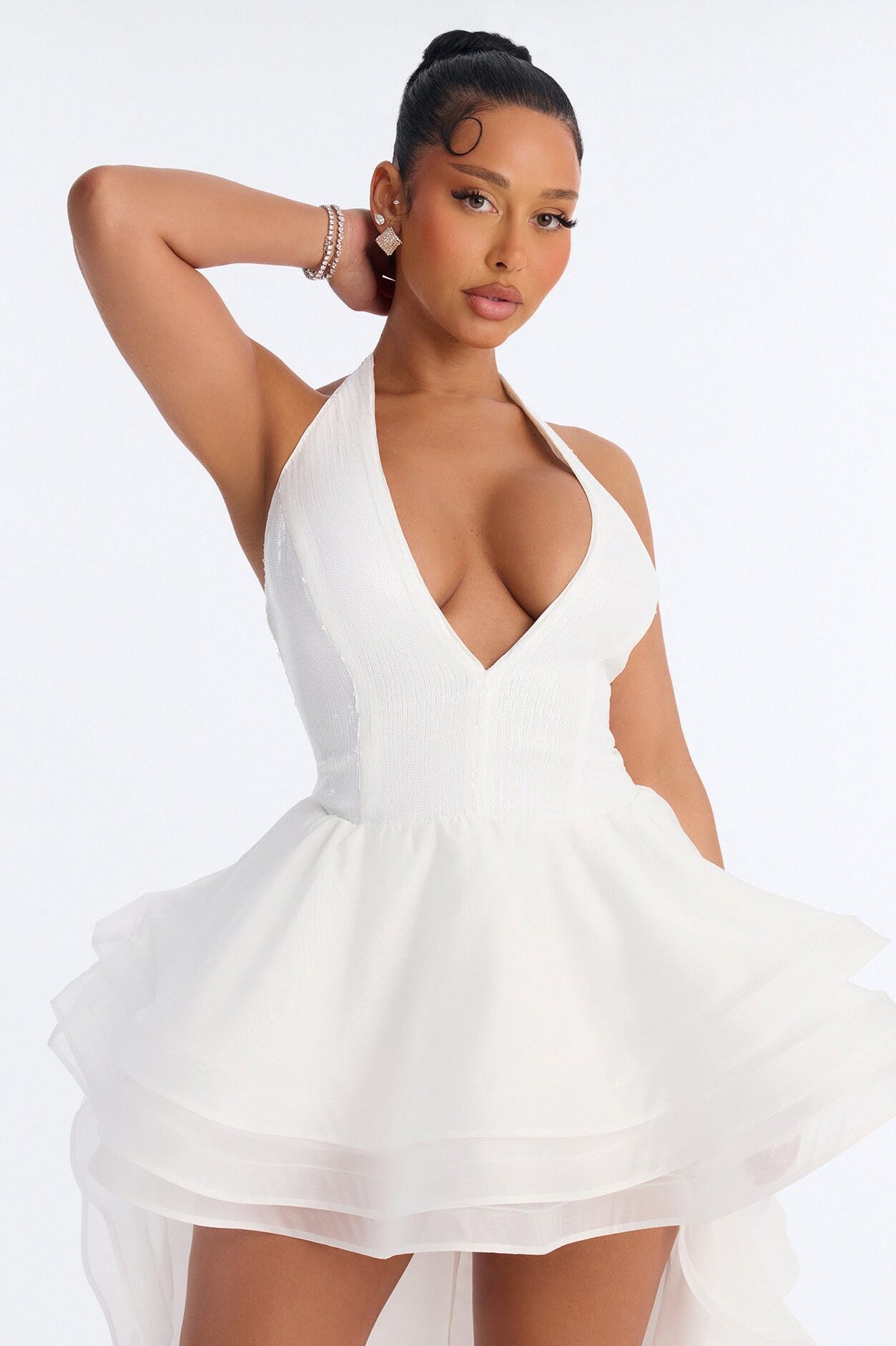 Mila Sequin High Low Gown - White