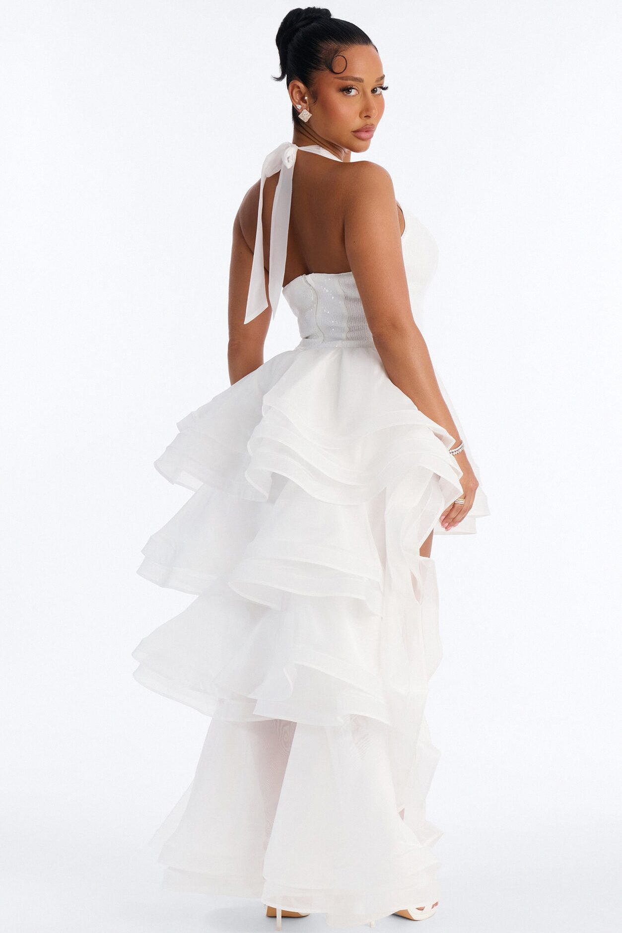 Mila Sequin High Low Gown - White