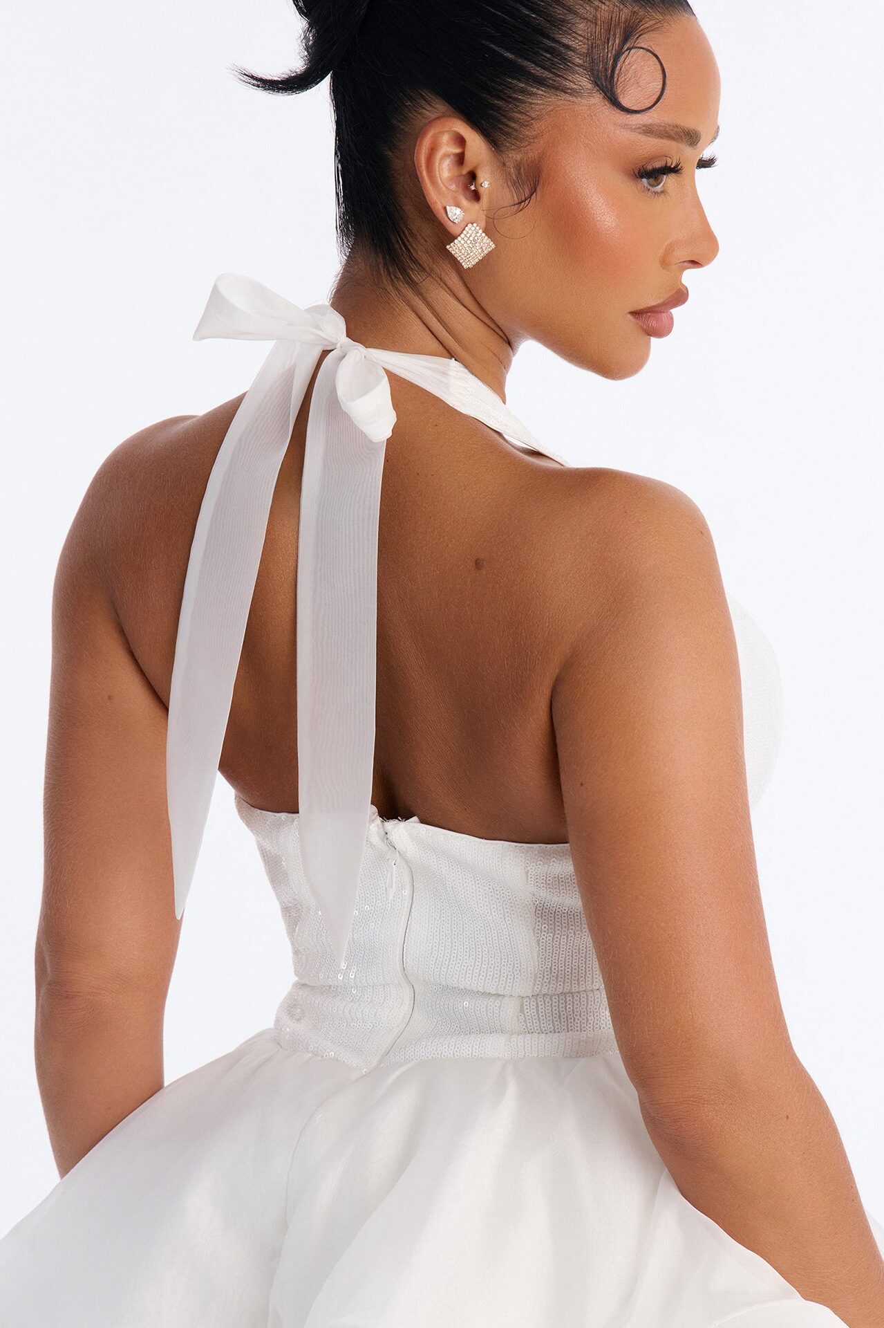 Mila Sequin High Low Gown - White