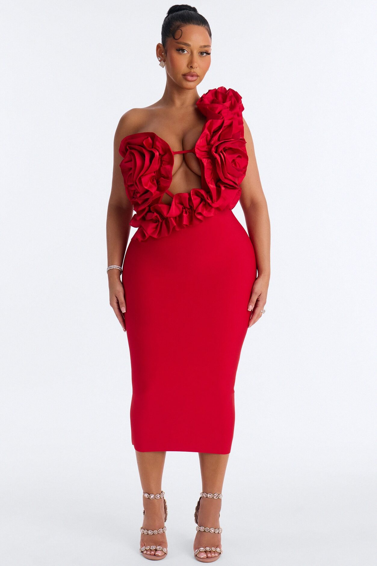 Hold Me Closer Ruffle Bandage Midi Dress - Red