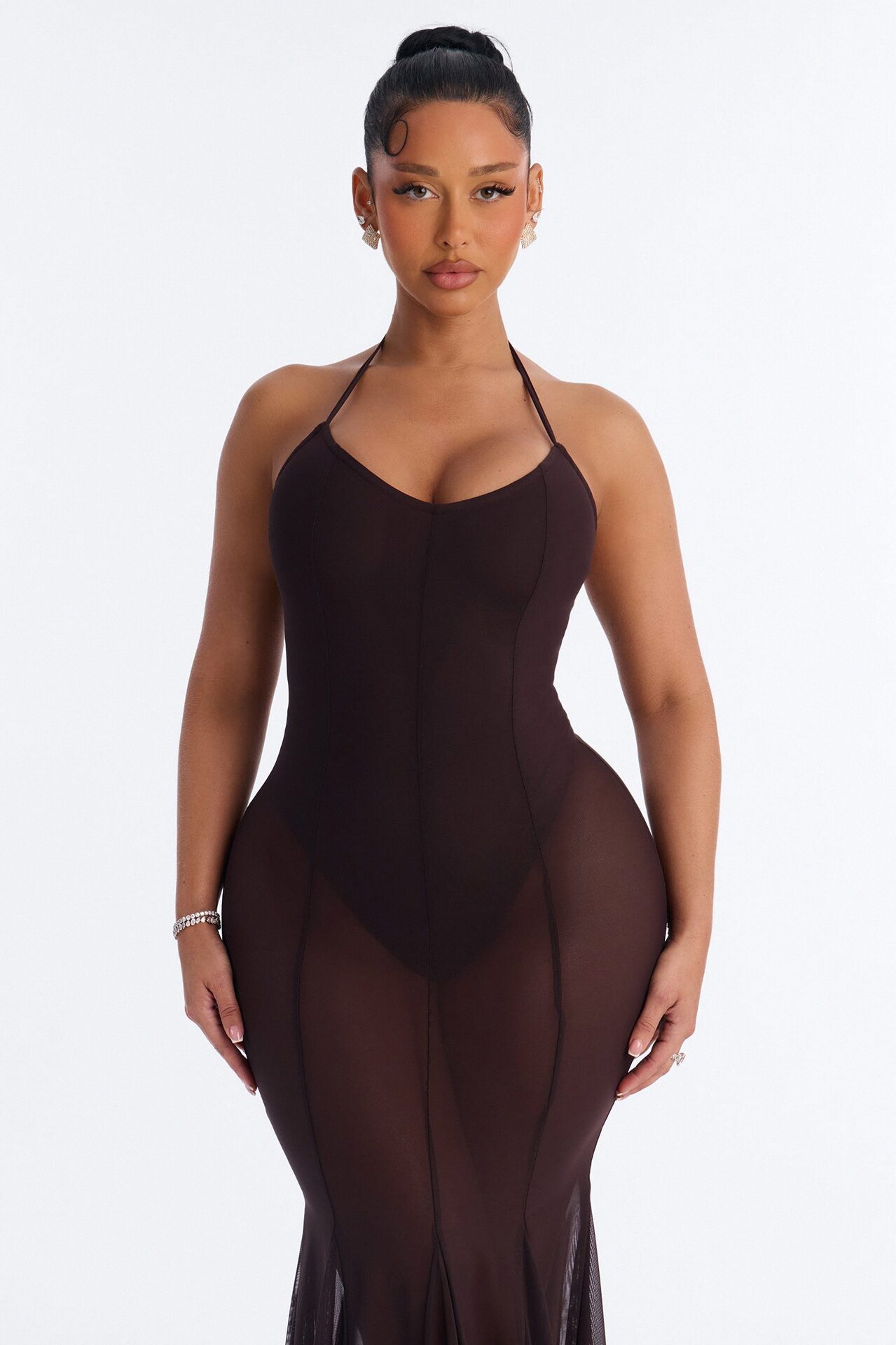Power Mesh V Neck Halter Maxi Dress - Chocolate