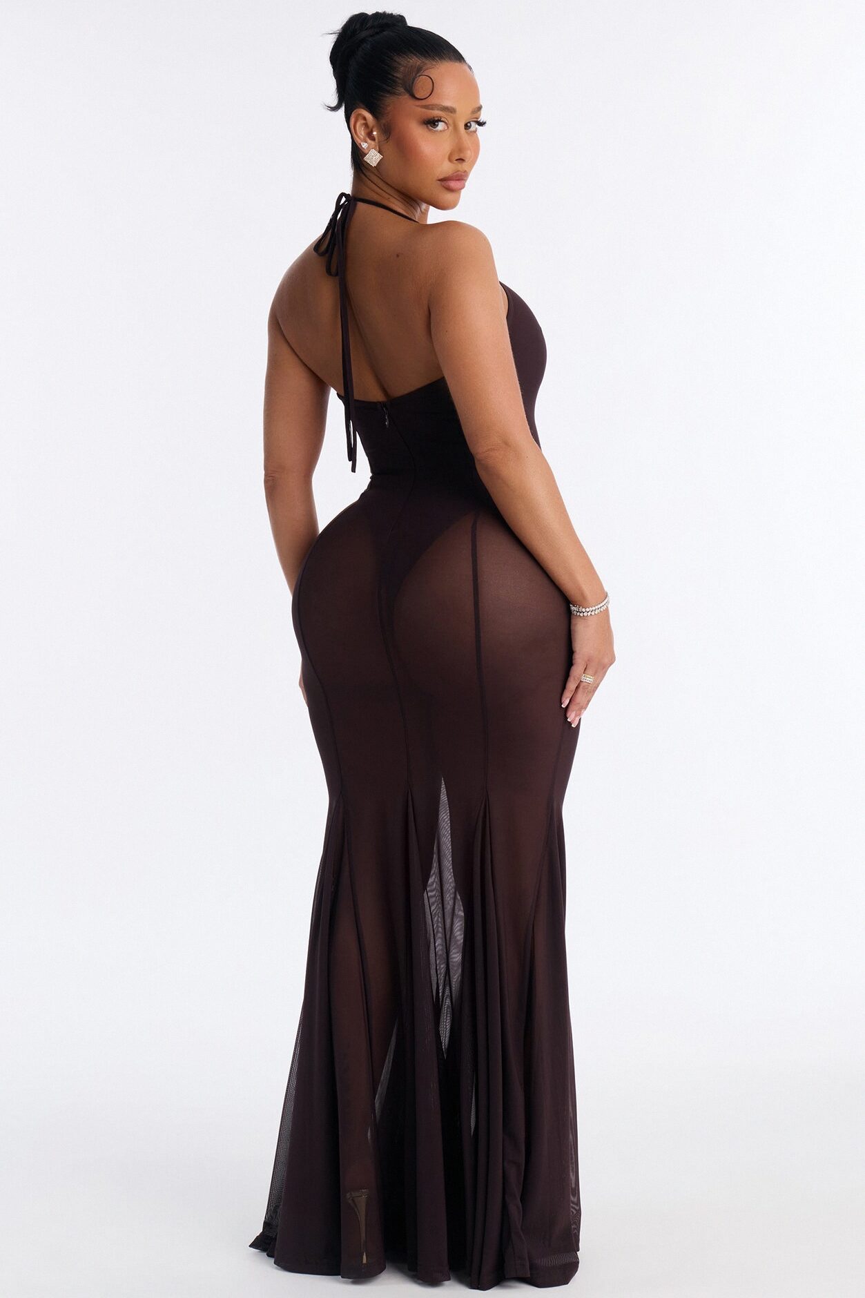 Power Mesh V Neck Halter Maxi Dress - Chocolate