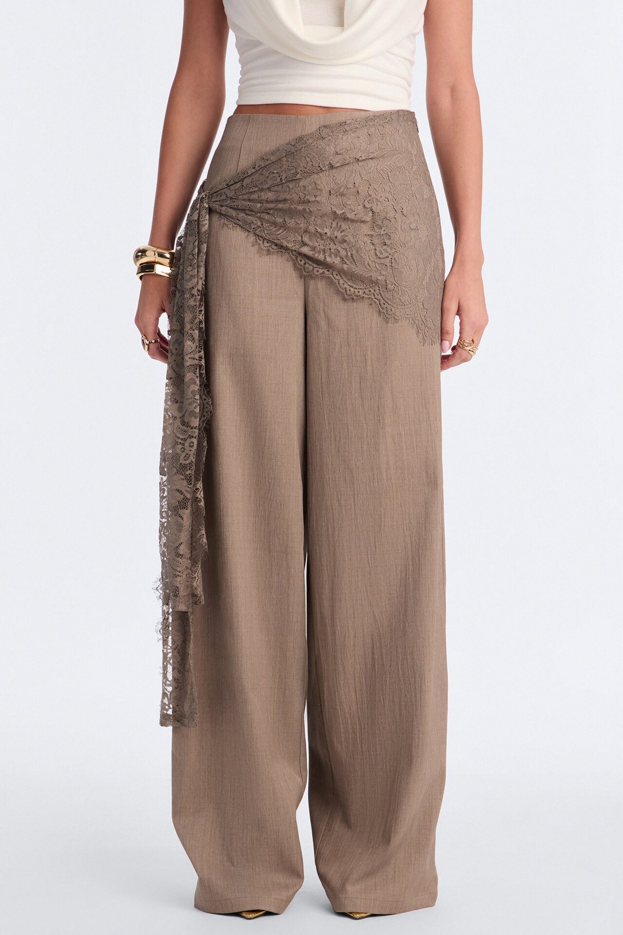 Angelica Lace Wrap Wide Leg Trouser - Caffe