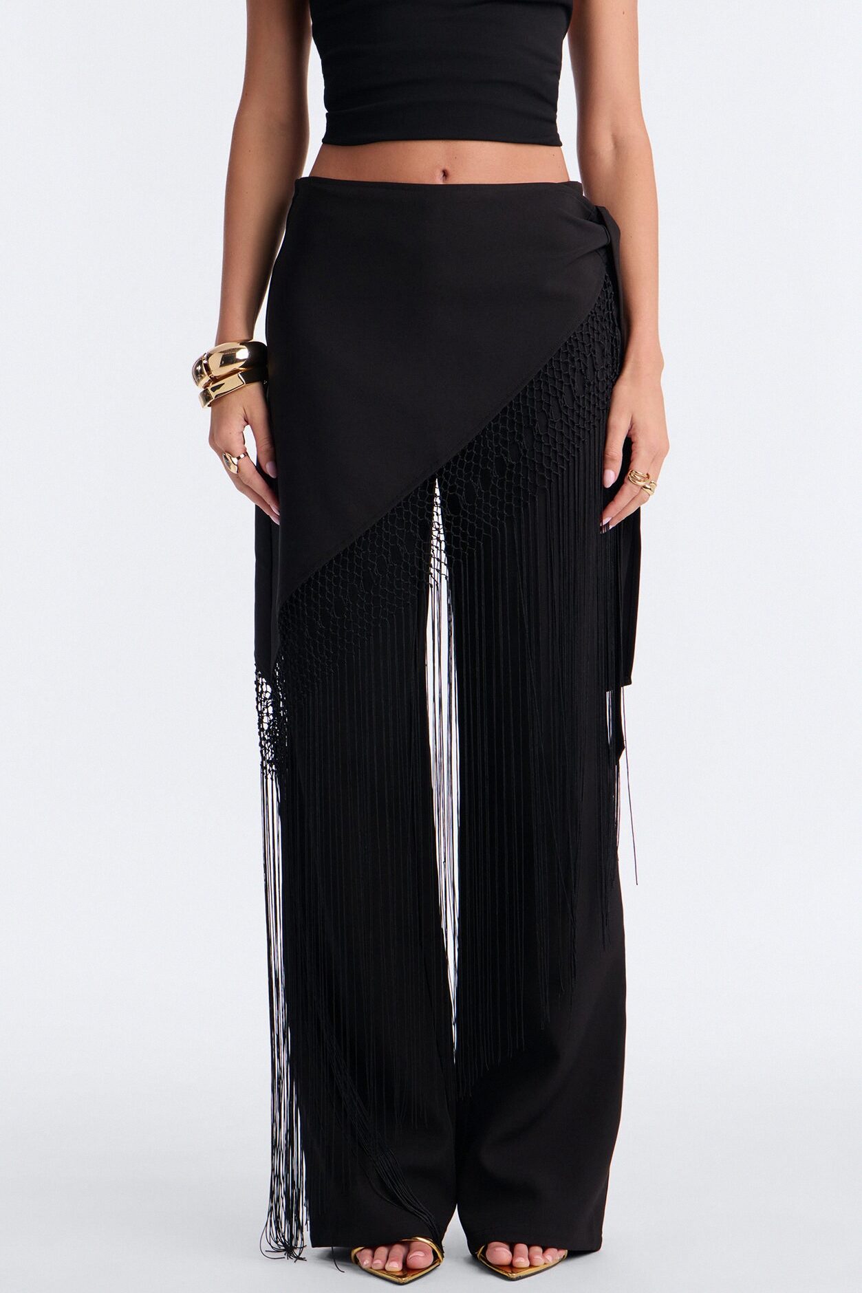 Willow Wrap Fringe Straight Leg Trouser - Black