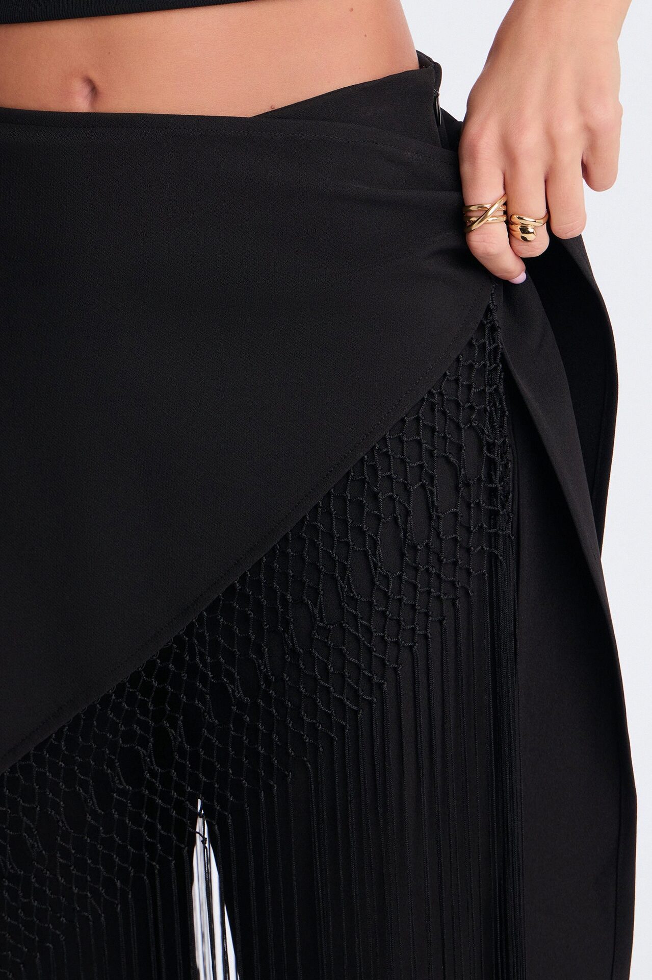 Willow Wrap Fringe Straight Leg Trouser - Black