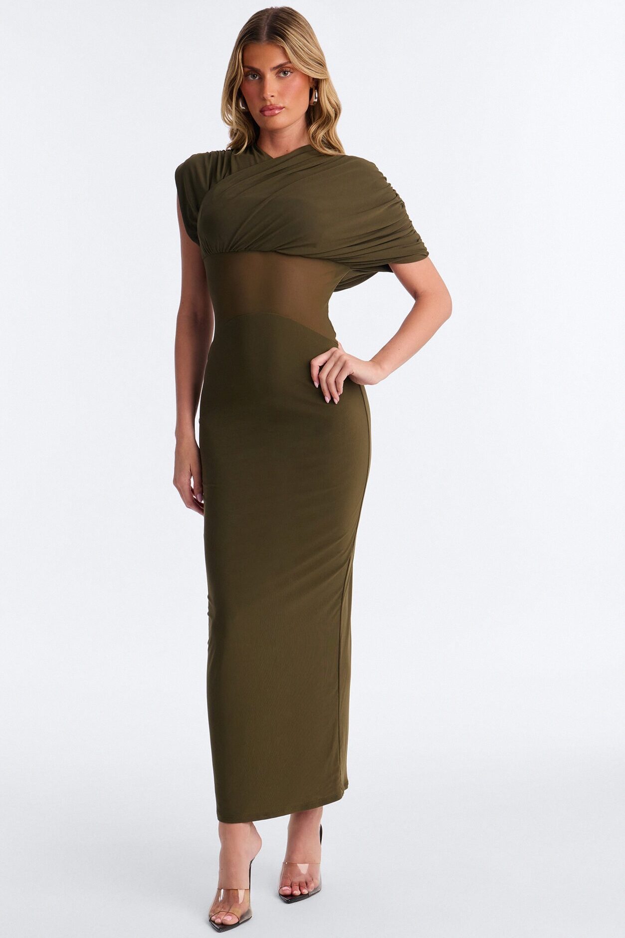 Naileah Draped Mesh Maxi Dress - Olive