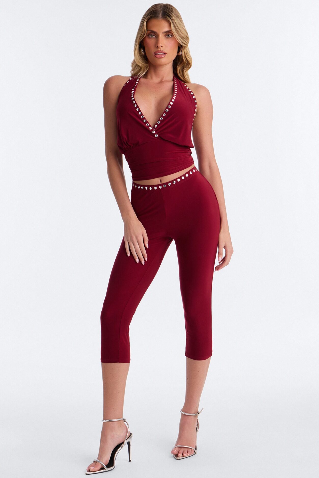 Jalene Halter Studded Capri Set - Burgundy