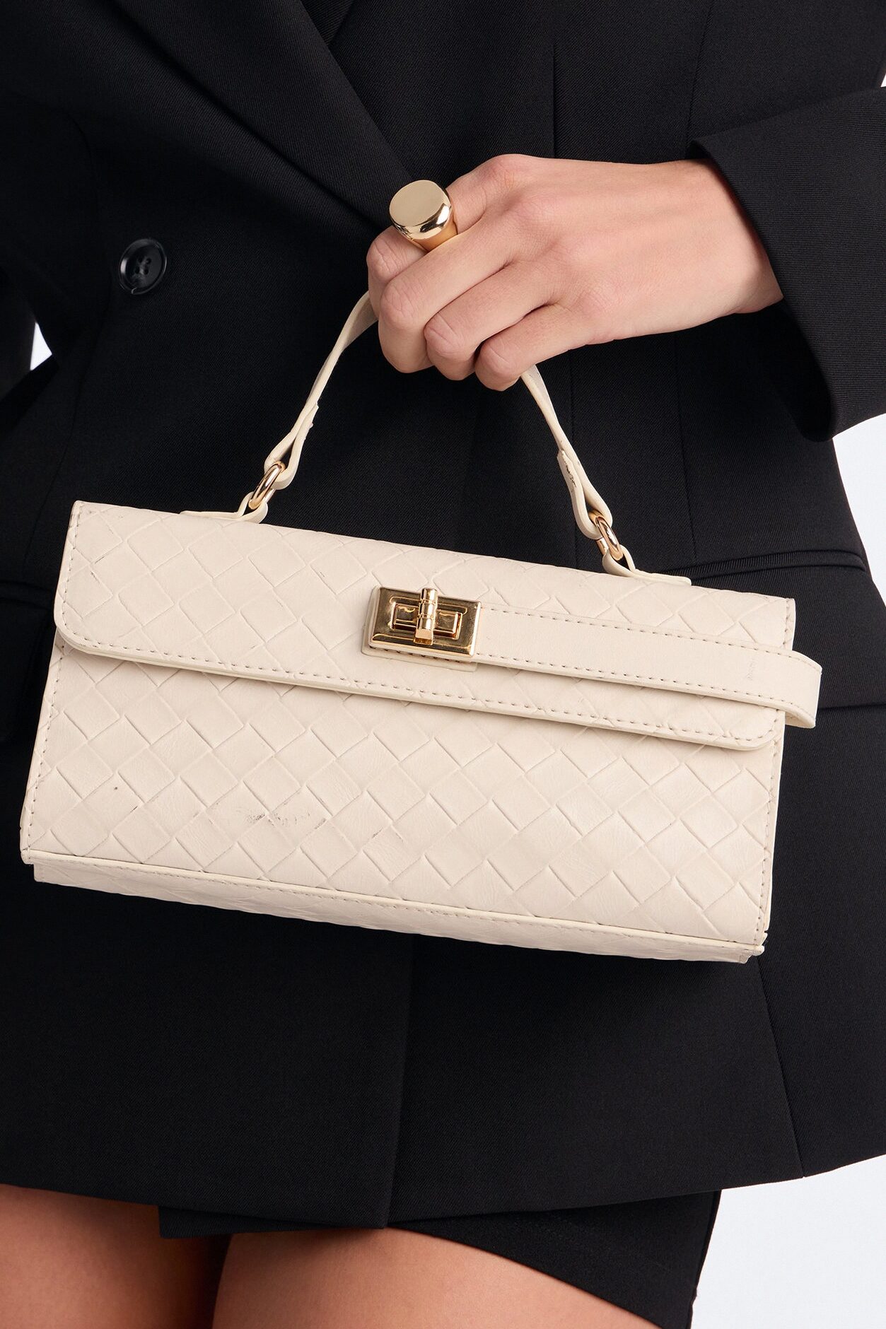 Chloe Woven Faux Leather Satchel Handbag - Ivory