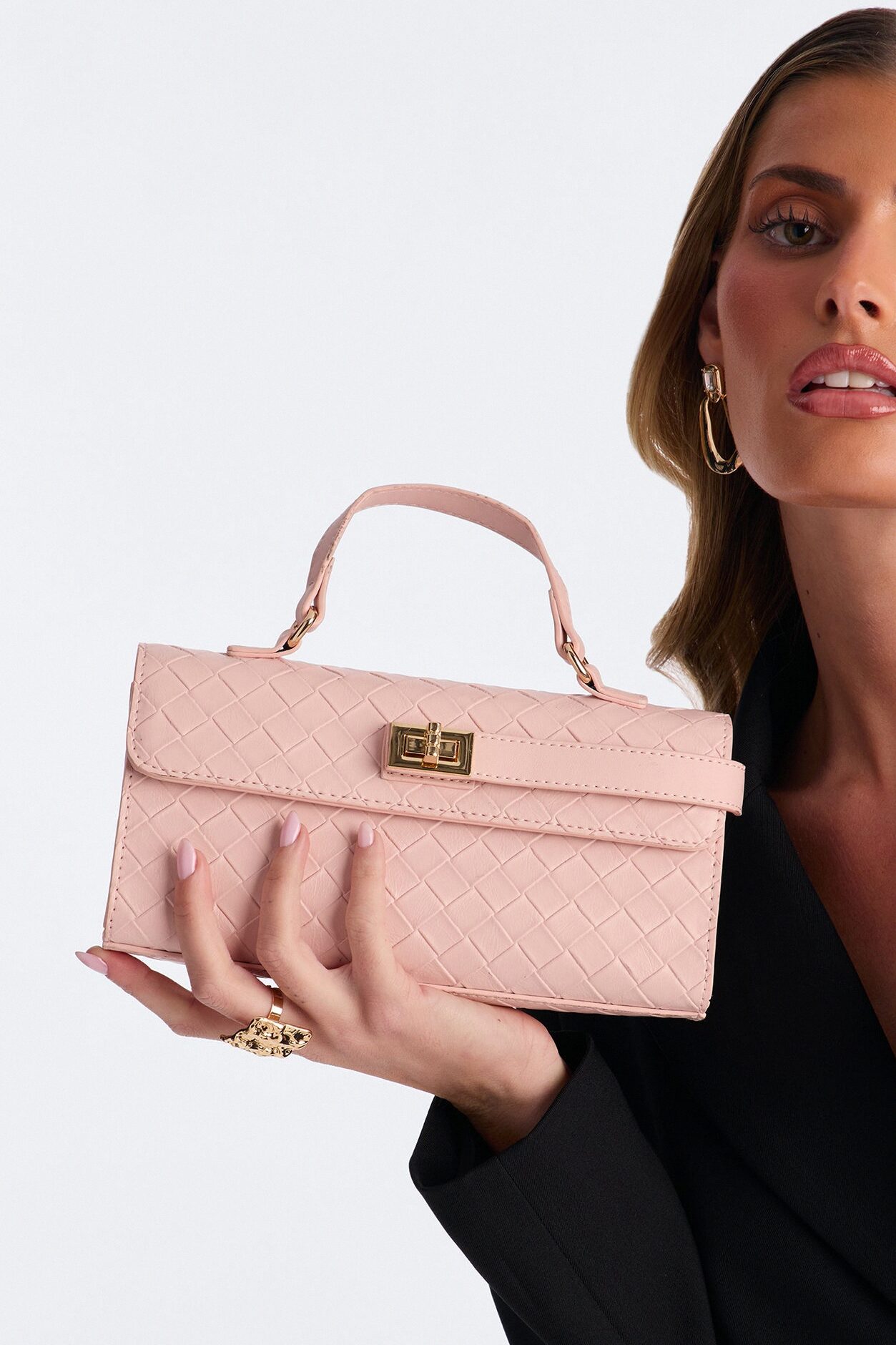 Chloe Woven Faux Leather Satchel Handbag - Pink