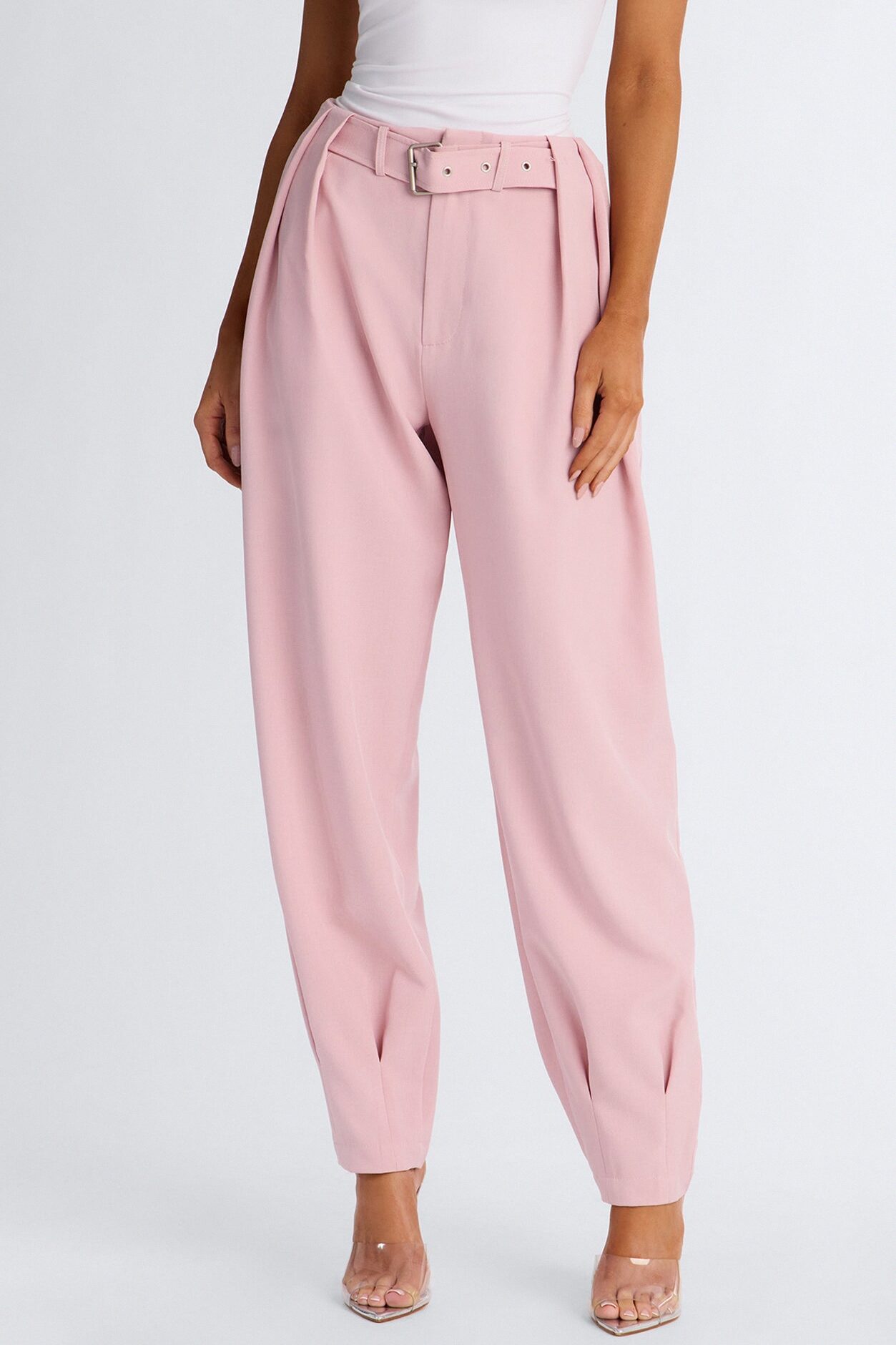 Saddle Up Belted Barrel Leg Trouser - Light Pink