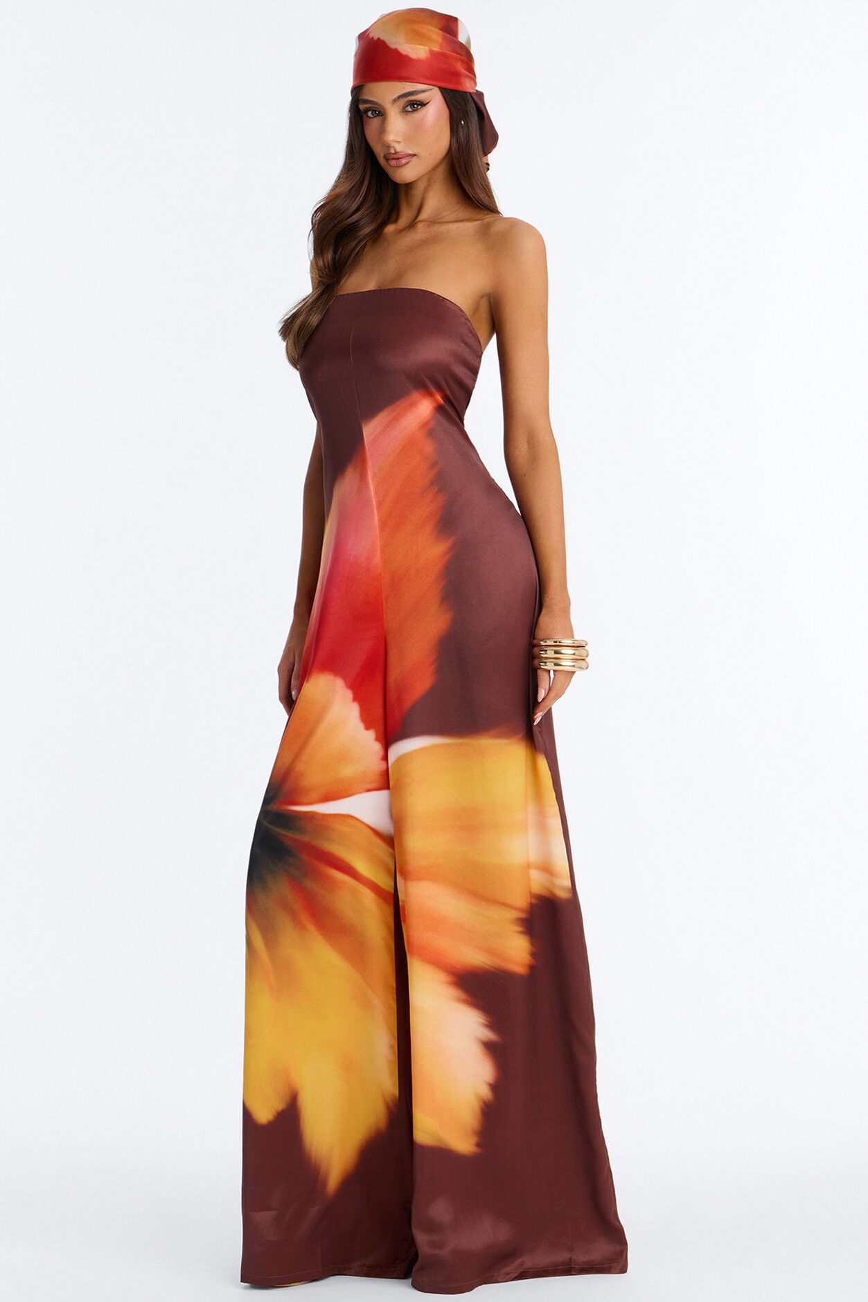 Sara Satin Head Scarf And Jumpsuit - Chocolate