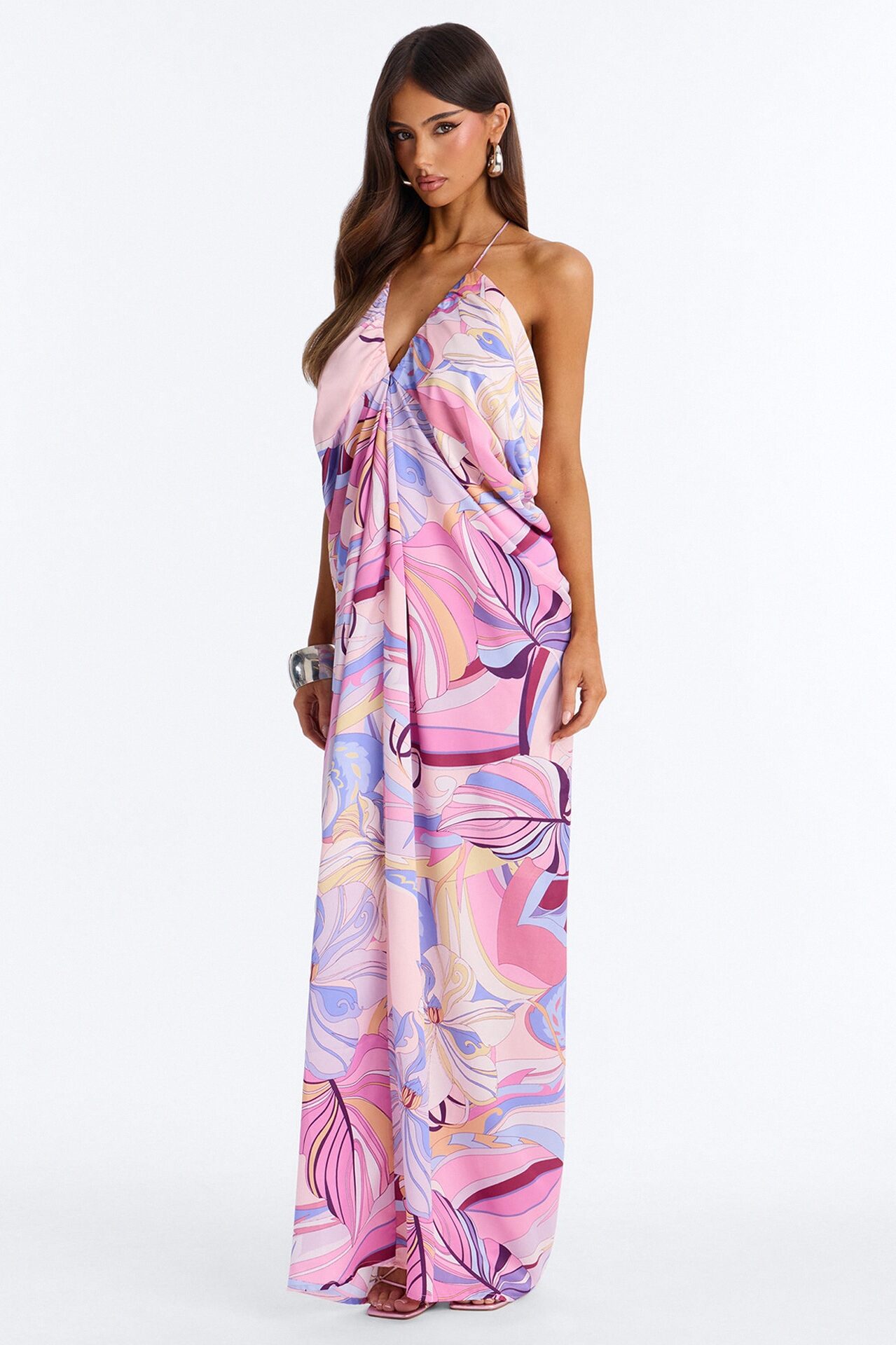 No Rush Draped Satin Maxi Dress - Purple/combo