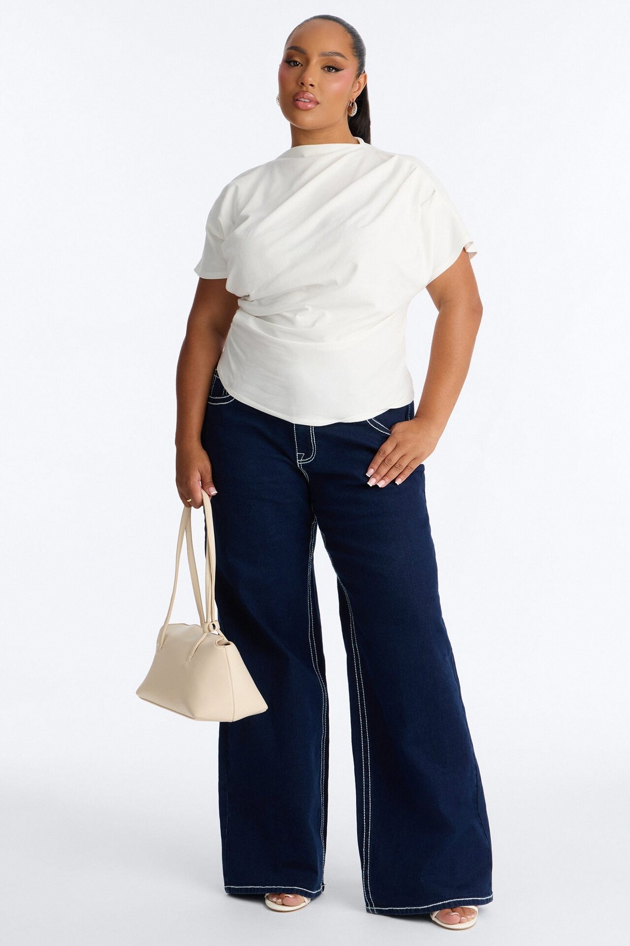 Janice Ruched Mock Neck Short Sleeve Tee - White